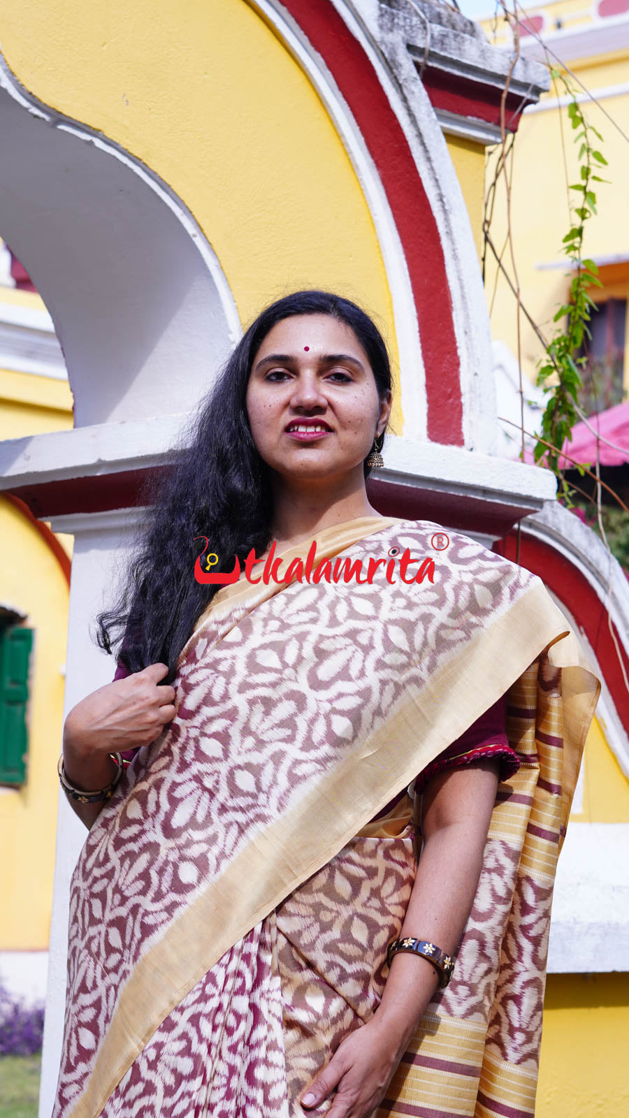 Natural Dye Coffee Flowers Honey Border Khandua Silk Saree