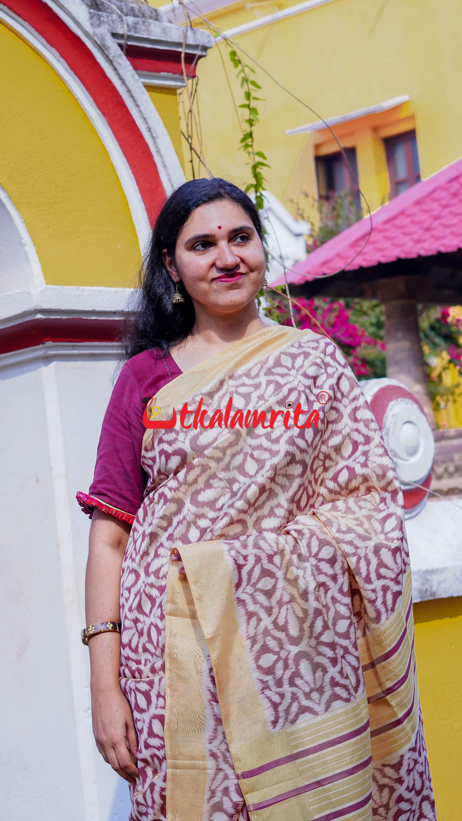 Natural Dye Coffee Flowers Honey Border Khandua Silk Saree