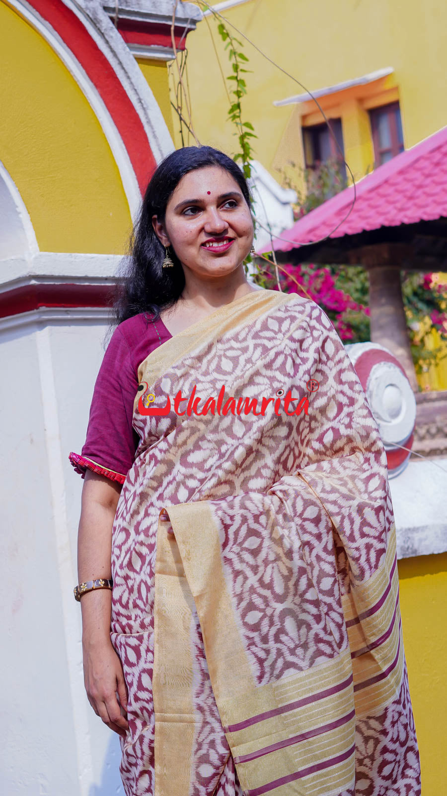 Natural Dye Coffee Flowers Honey Border Khandua Silk Saree