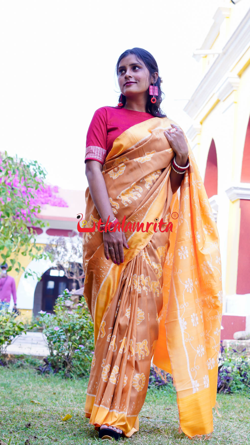 Natural Dye Brown Honey Elephant Lion Khandua Silk Saree
