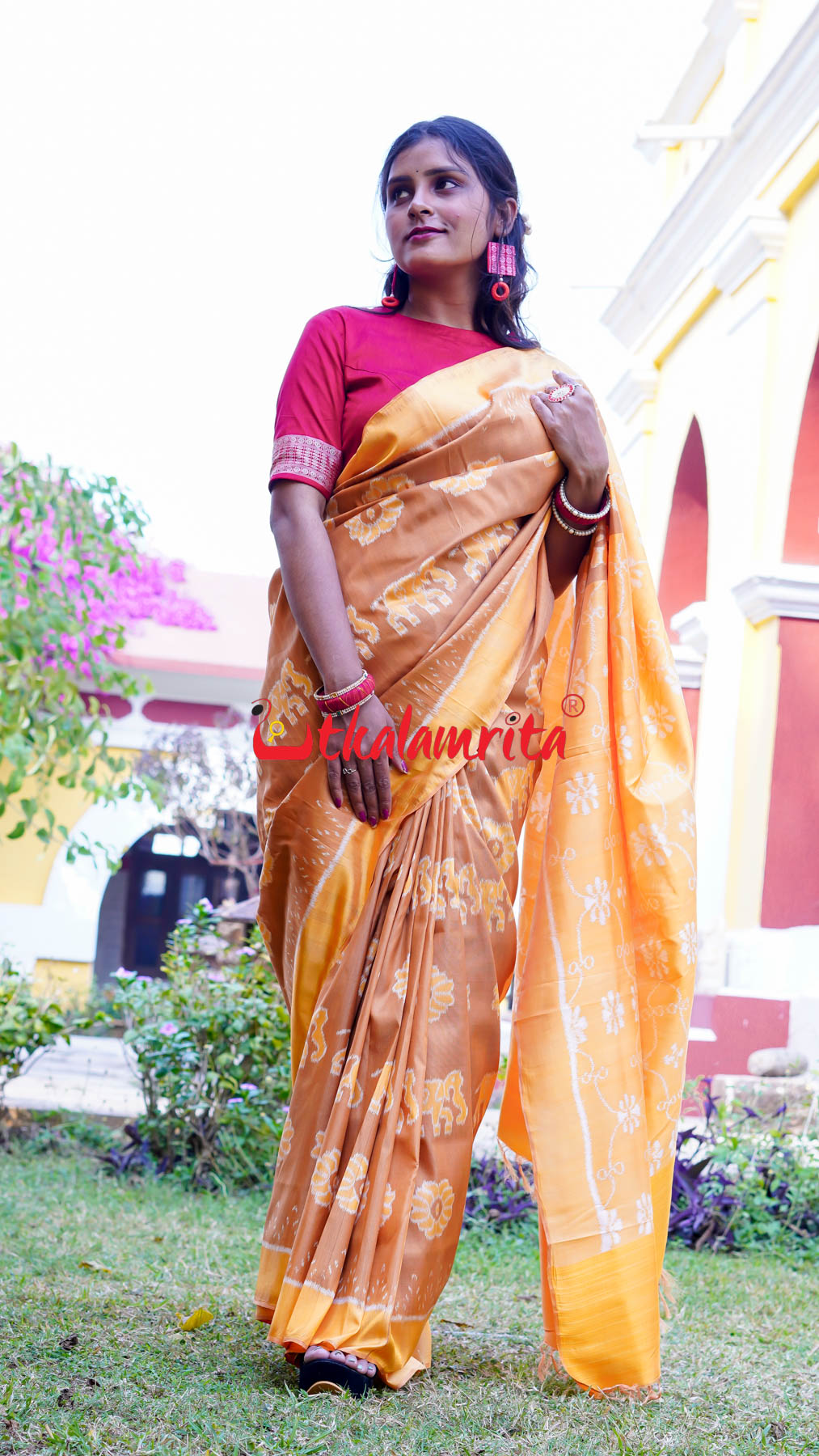 Natural Dye Brown Honey Elephant Lion Khandua Silk Saree