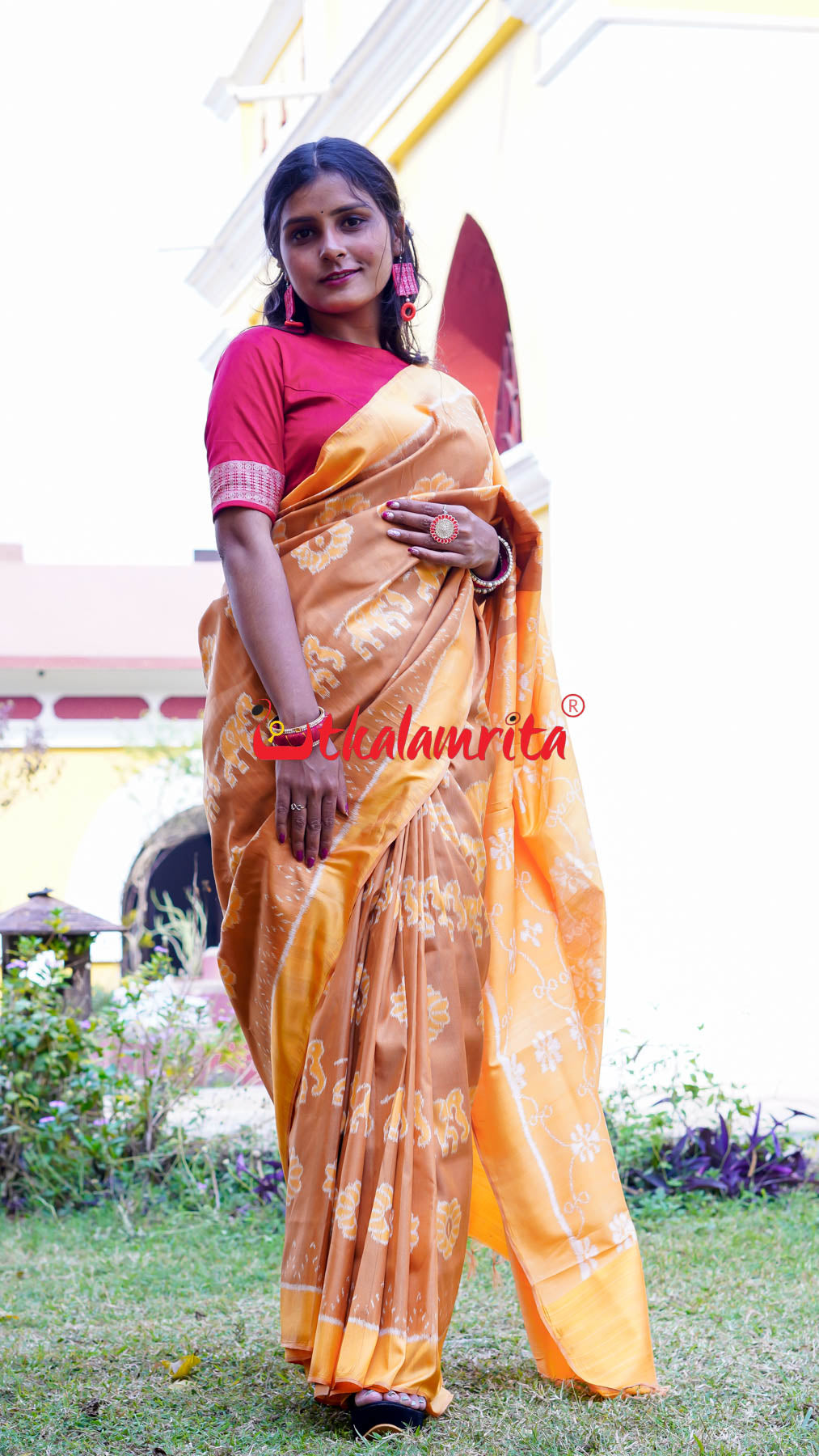 Natural Dye Brown Honey Elephant Lion Khandua Silk Saree