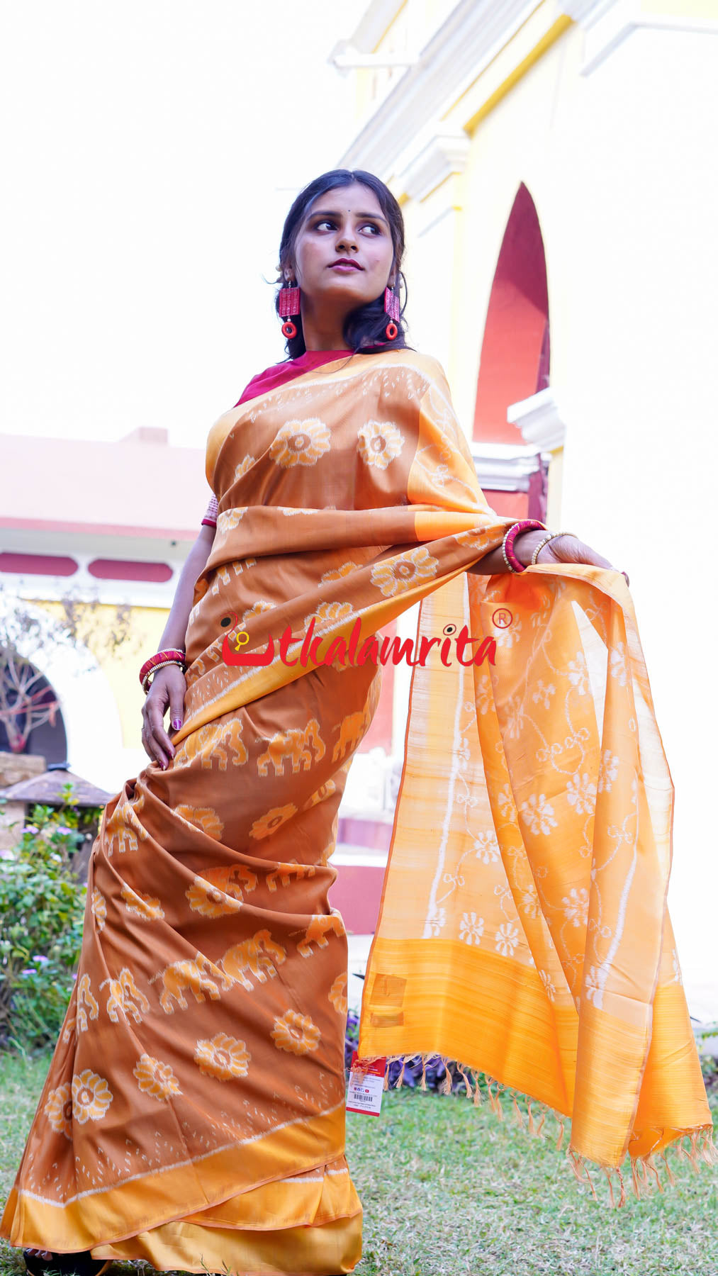 Natural Dye Brown Honey Elephant Lion Khandua Silk Saree