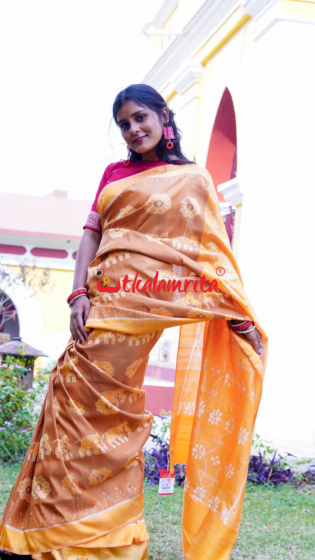 Natural Dye Brown Honey Elephant Lion Khandua Silk Saree