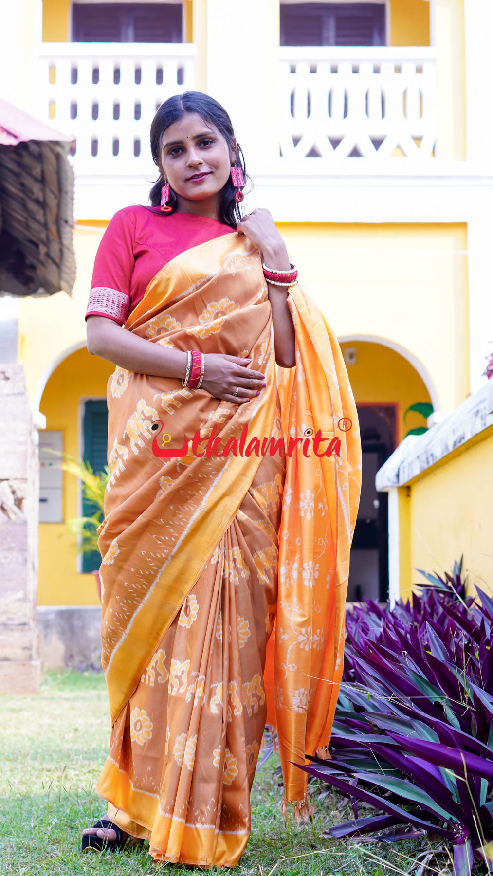 Natural Dye Brown Honey Elephant Lion Khandua Silk Saree