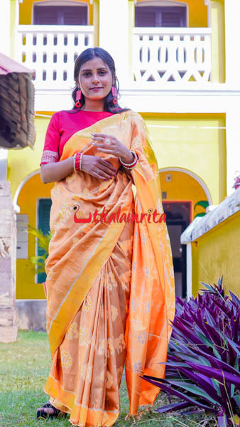 Natural Dye Brown Honey Elephant Lion Khandua Silk Saree