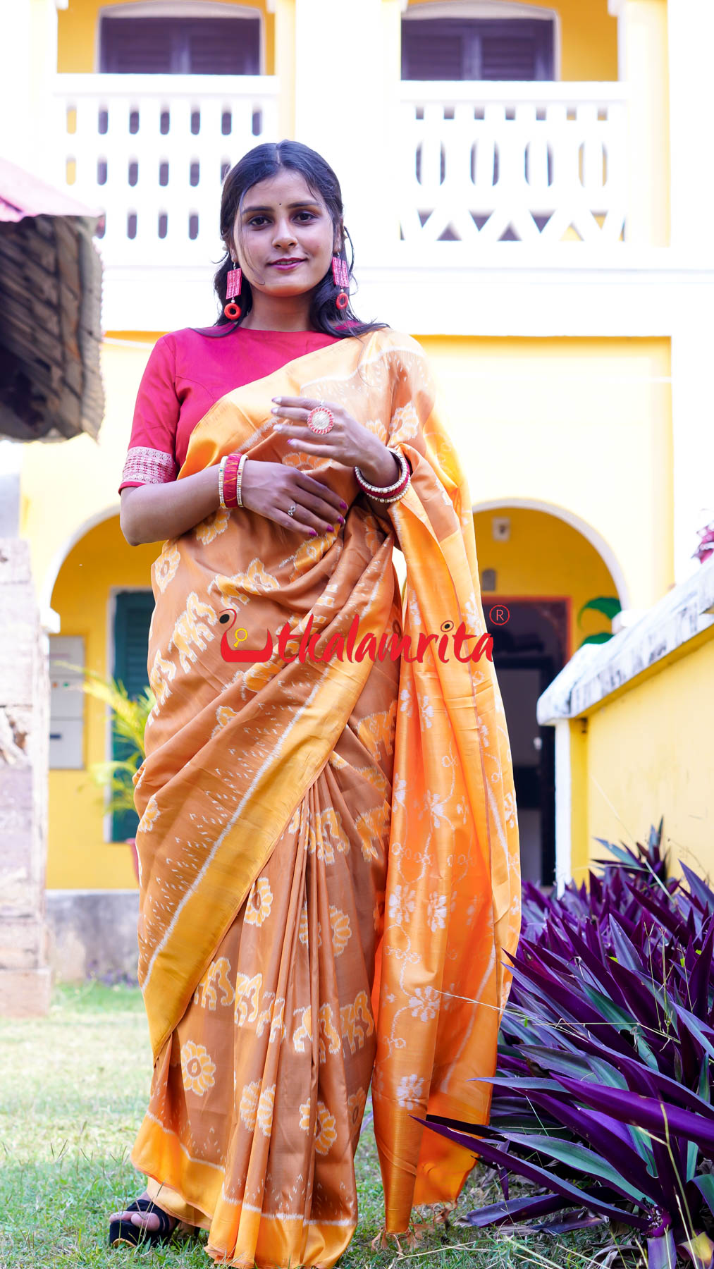 Natural Dye Brown Honey Elephant Lion Khandua Silk Saree
