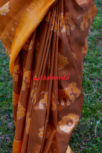 Natural Dye Brown Honey Elephant Lion Khandua Silk Saree