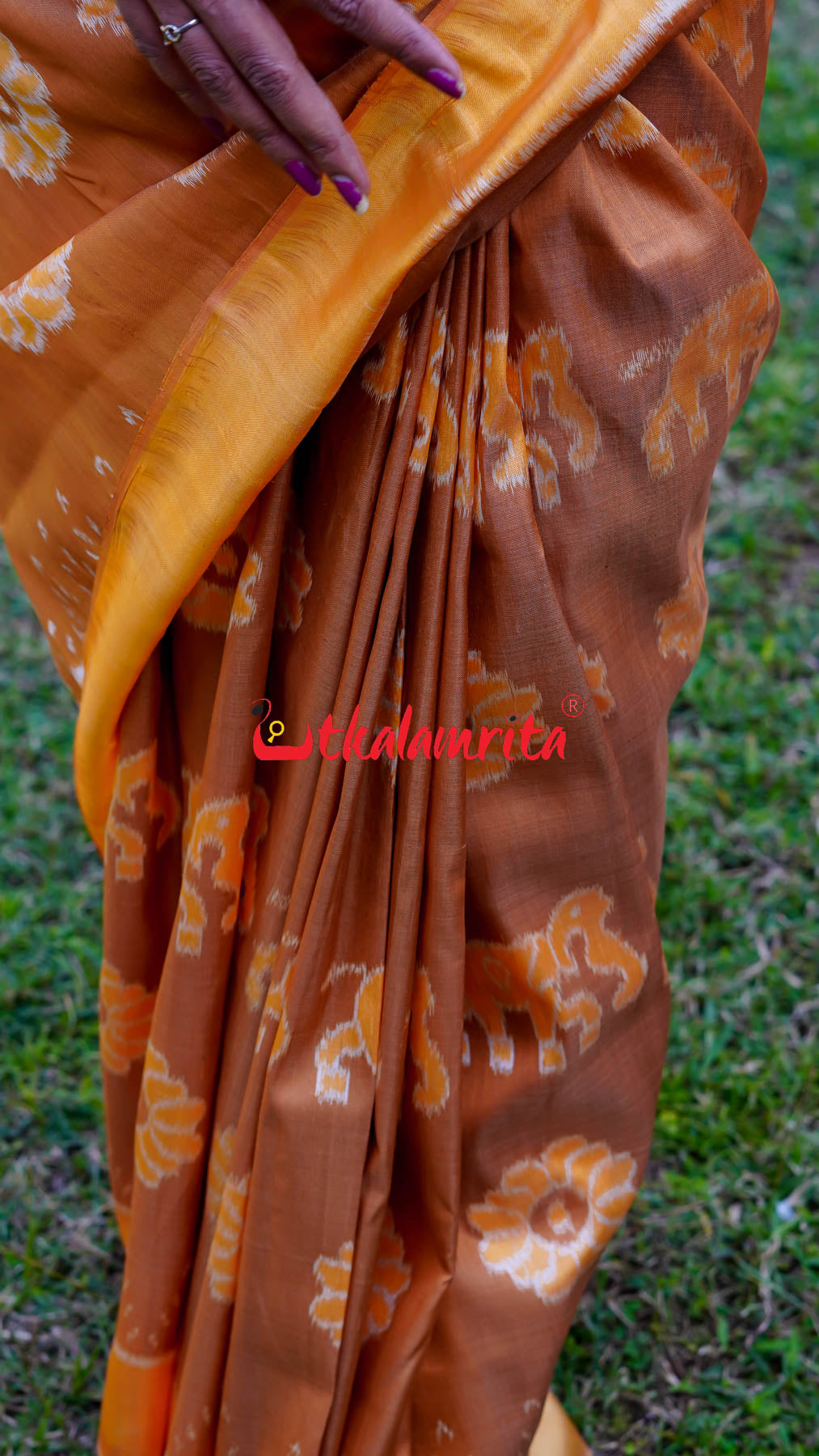 Natural Dye Brown Honey Elephant Lion Khandua Silk Saree
