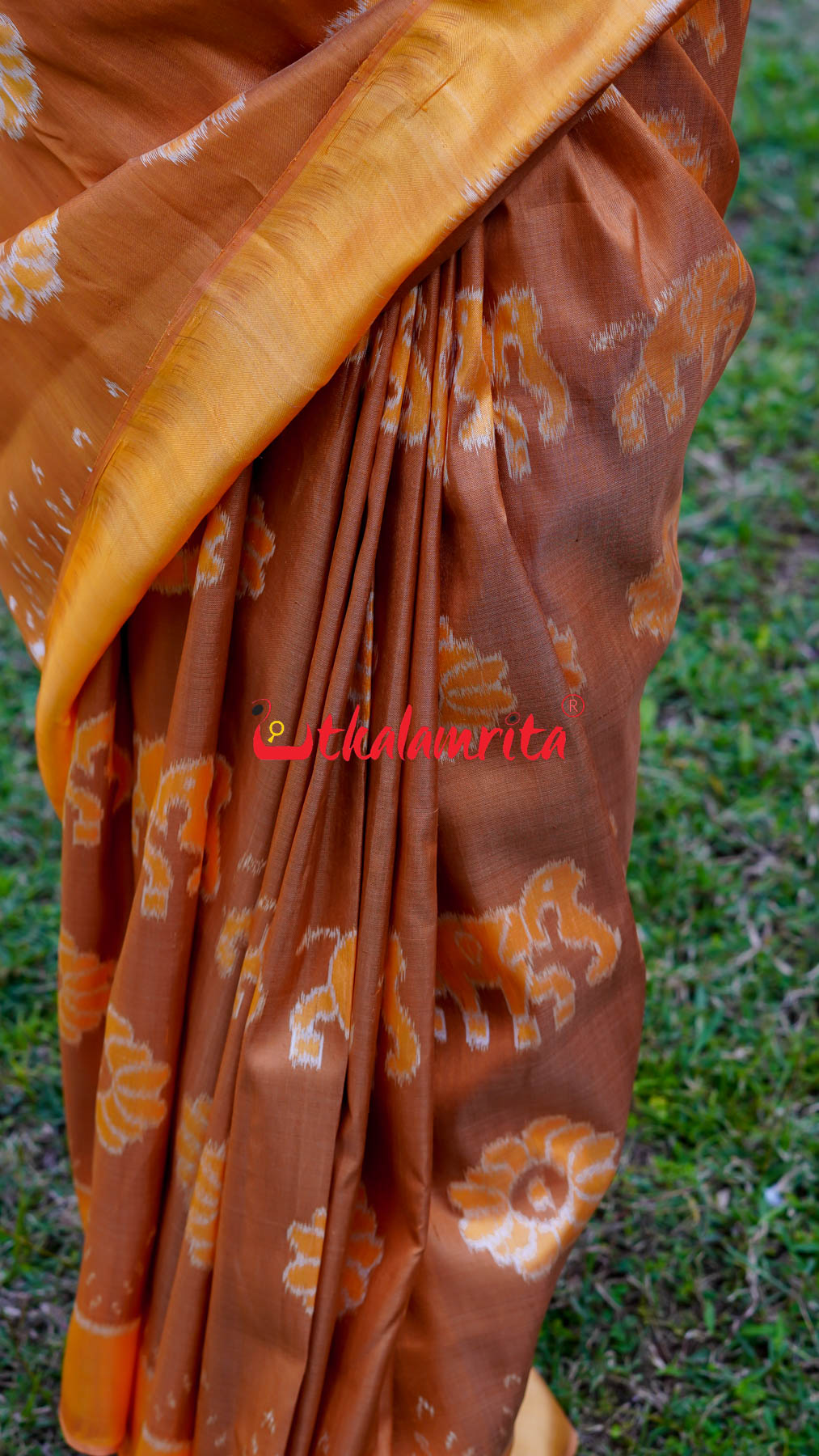 Natural Dye Brown Honey Elephant Lion Khandua Silk Saree