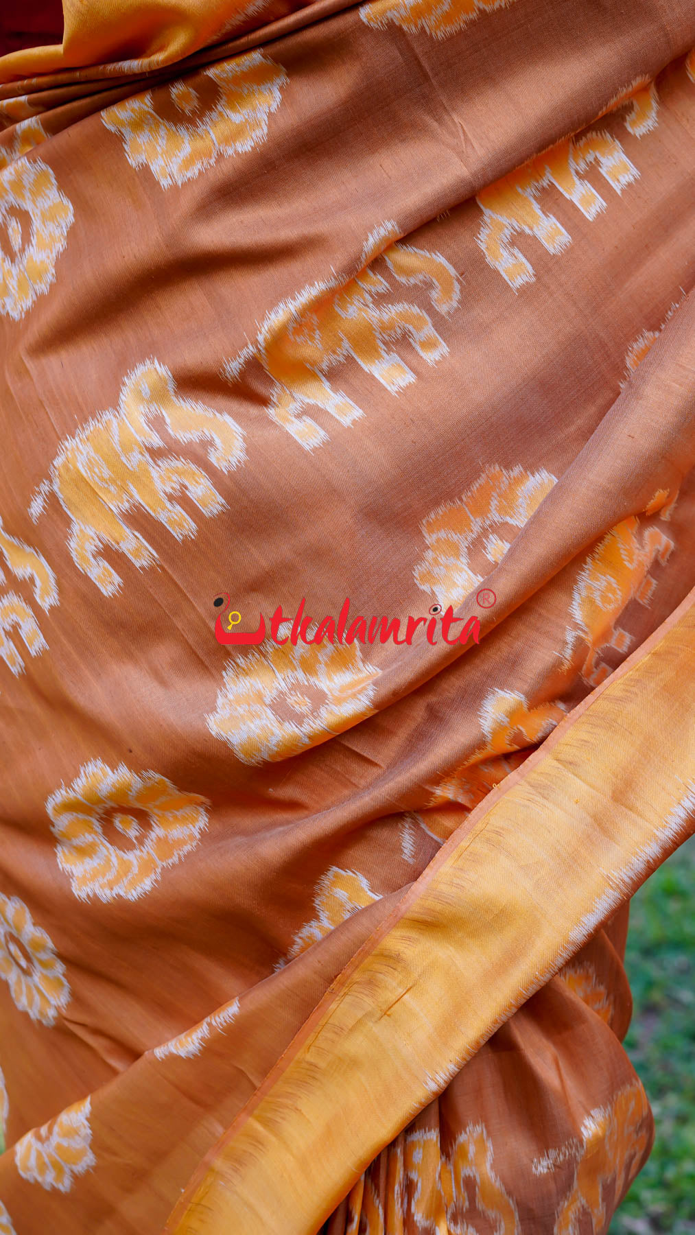 Natural Dye Brown Honey Elephant Lion Khandua Silk Saree