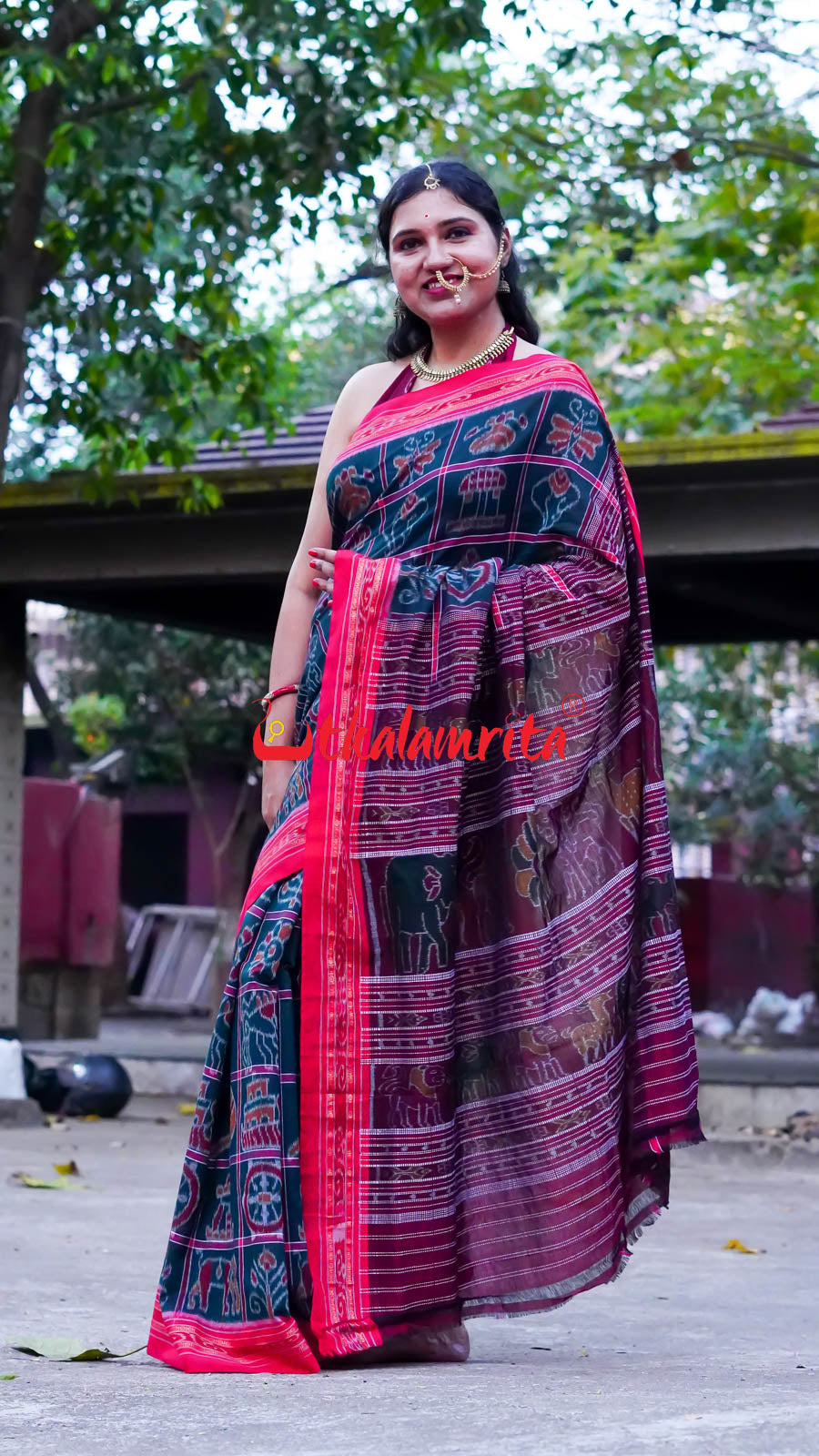 Bottle Green Red Border Nabakothi Cotton Saree
