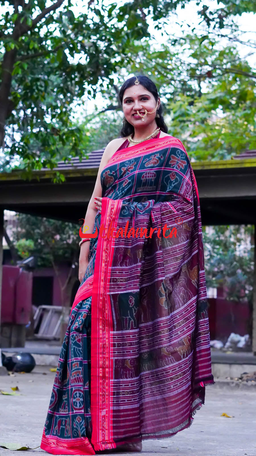 Bottle Green Red Border Nabakothi Cotton Saree