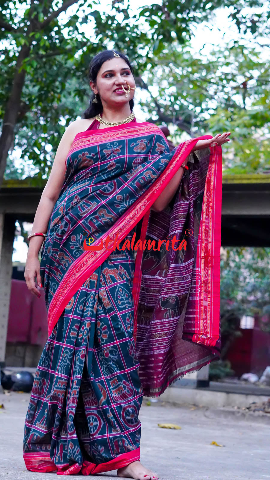 Bottle Green Red Border Nabakothi Cotton Saree