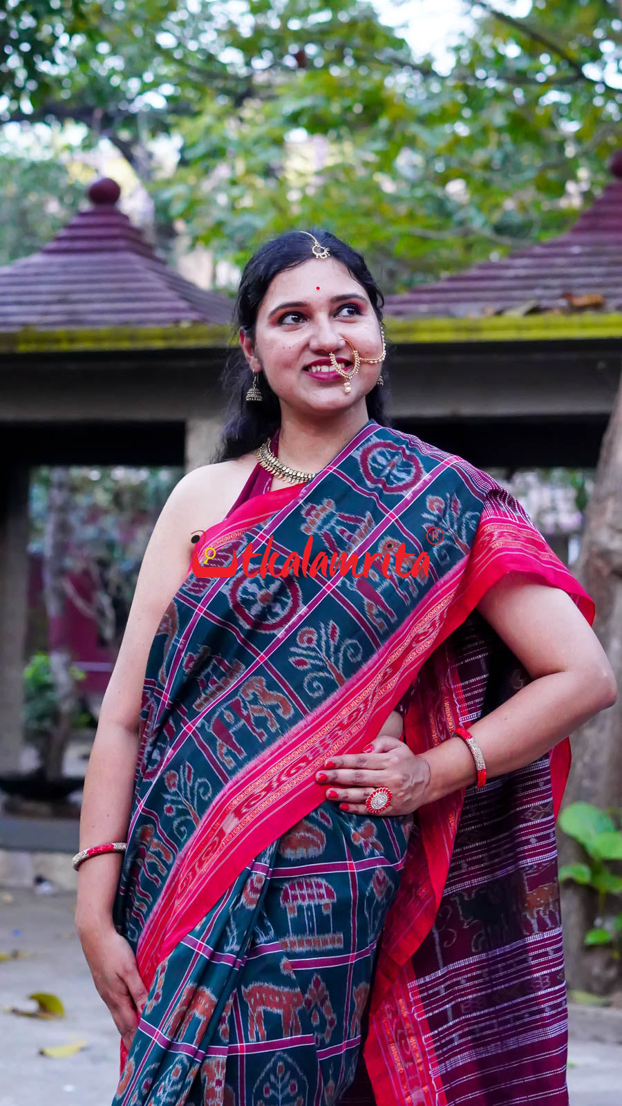 Bottle Green Red Border Nabakothi Cotton Saree