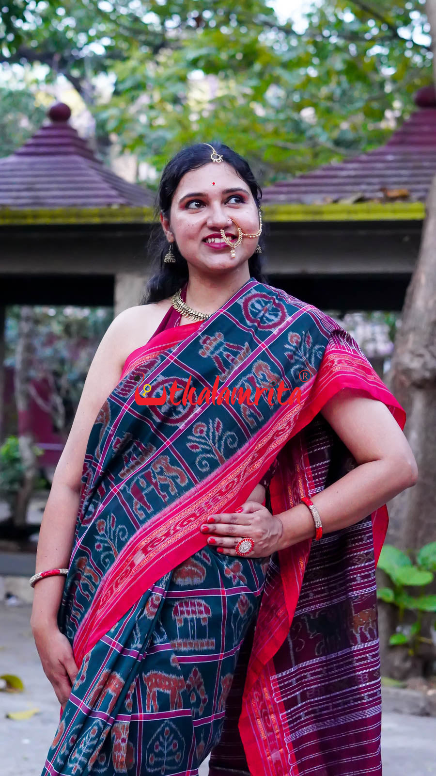 Bottle Green Red Border Nabakothi Cotton Saree