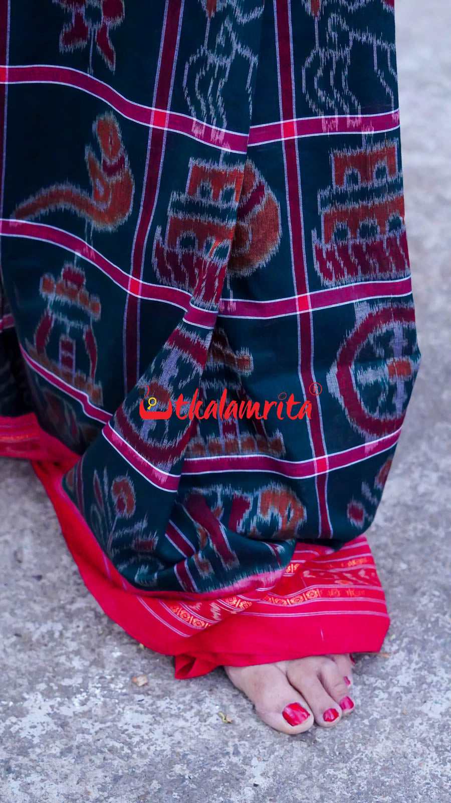Bottle Green Red Border Nabakothi Cotton Saree