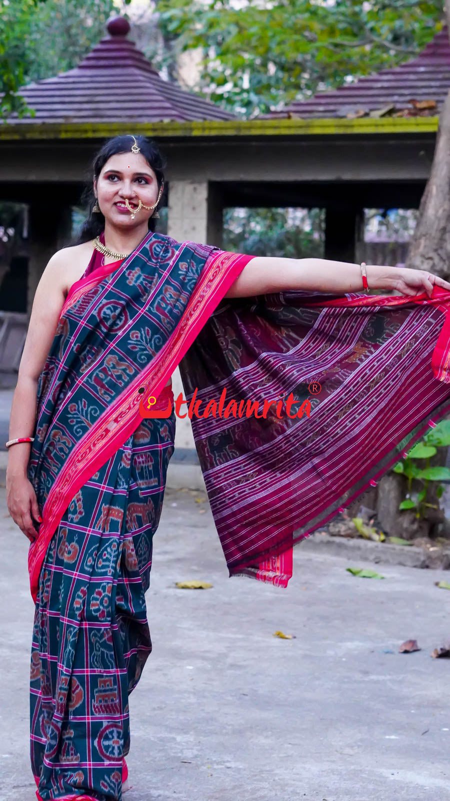 Bottle Green Red Border Nabakothi Cotton Saree