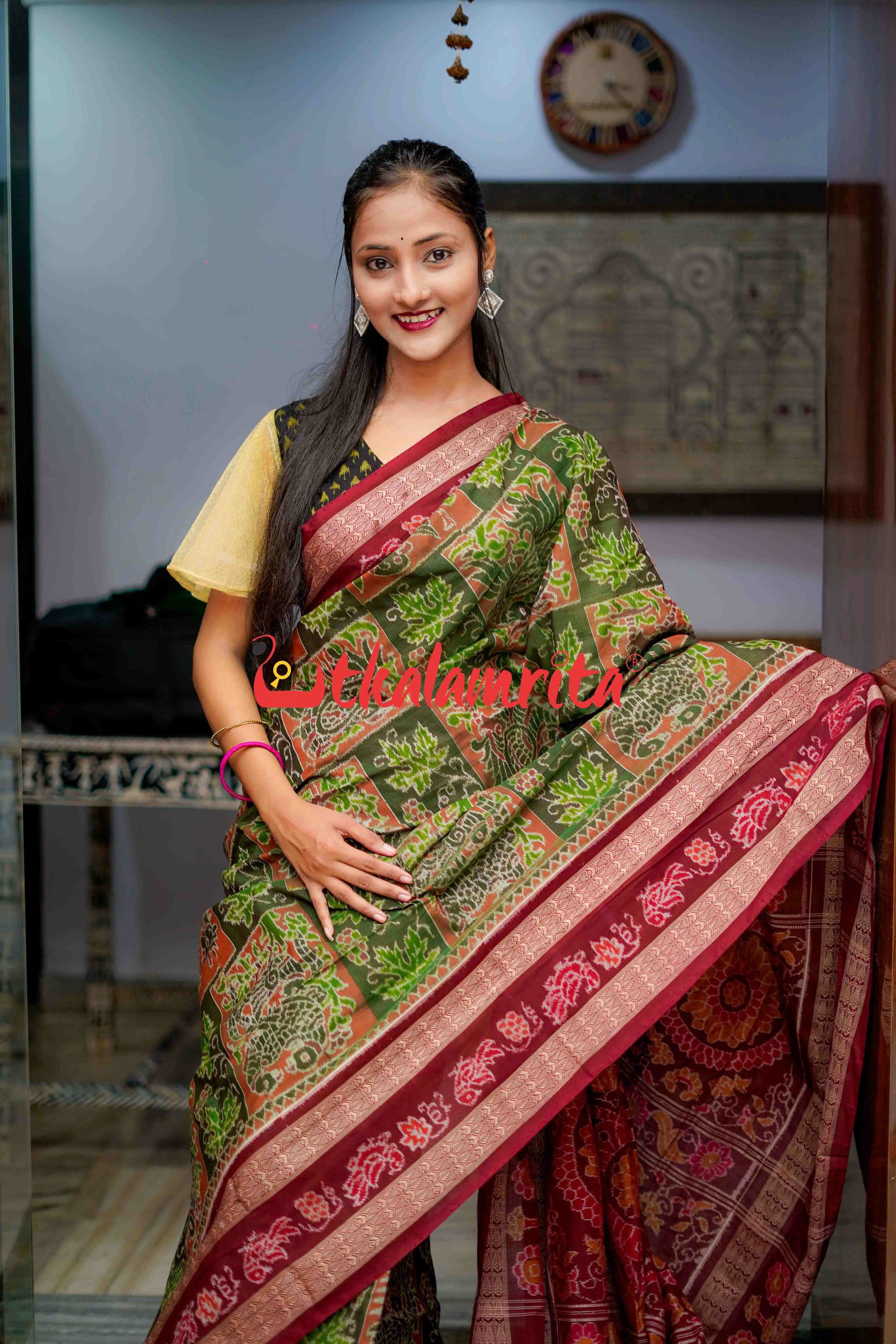 Double Machha Dhadi Bandha Green Peacock Sambalpuri Cotton Saree