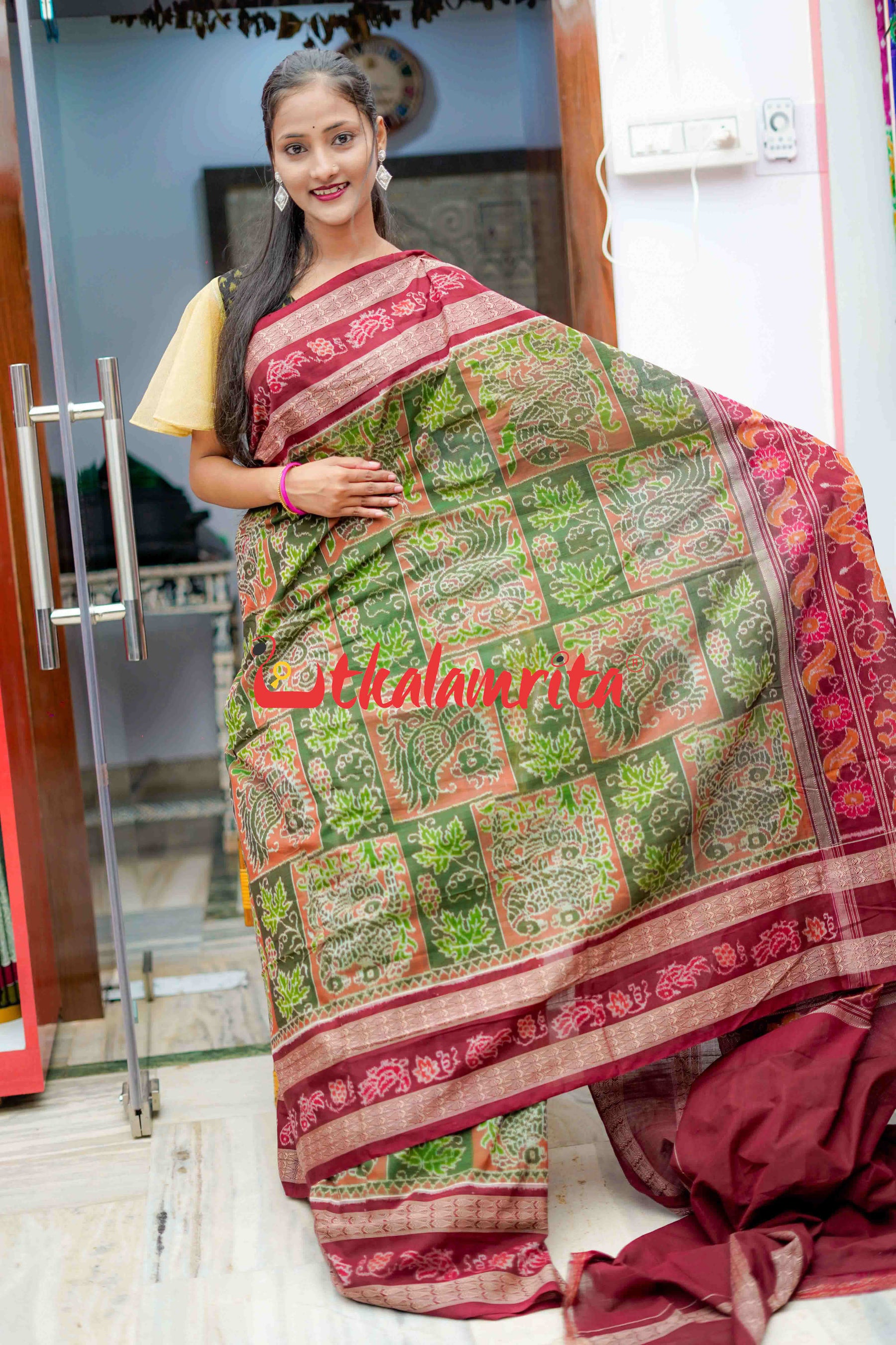 Double Machha Dhadi Bandha Green Peacock Sambalpuri Cotton Saree
