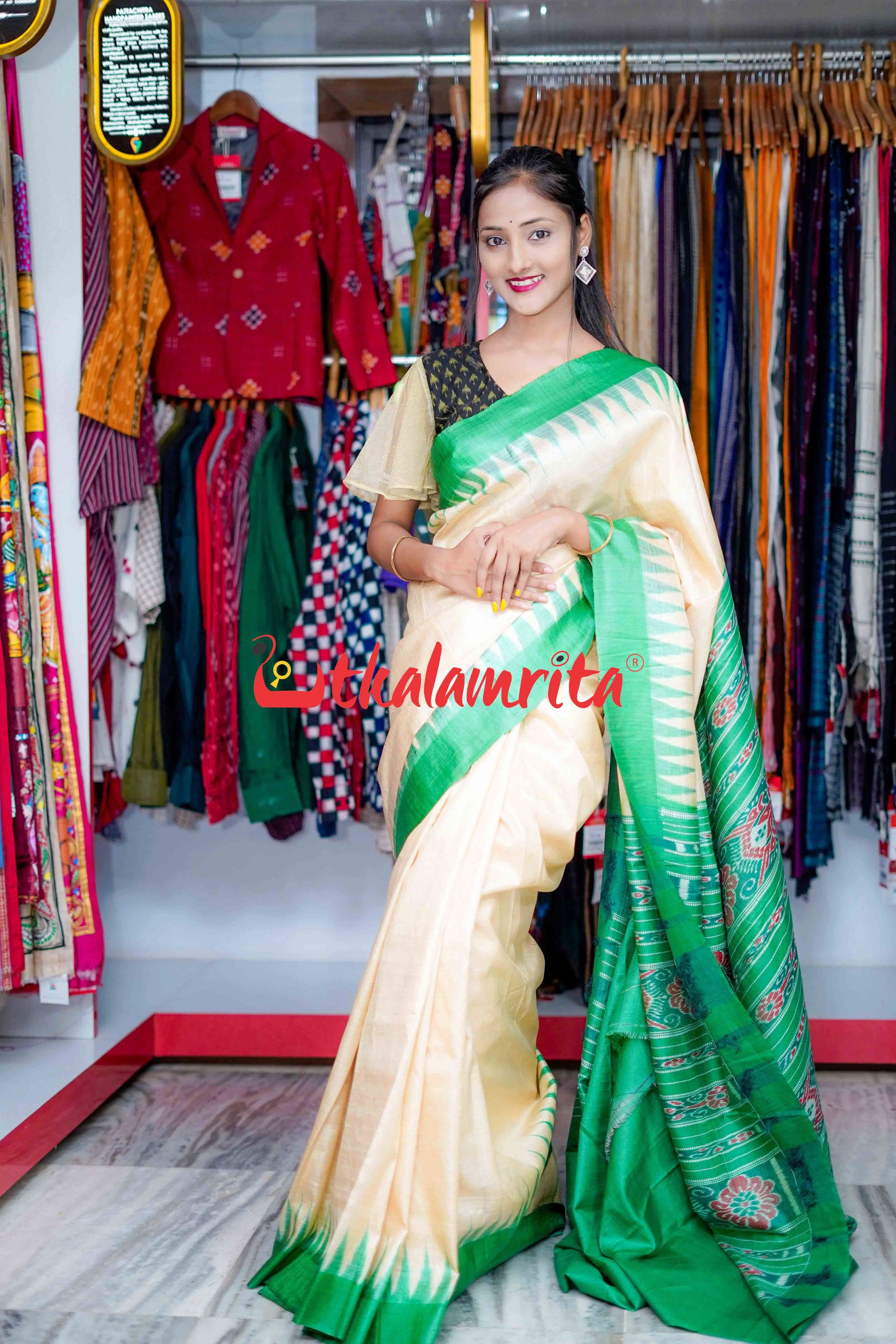 Fine Gopalpur Tussar Beige Green Saree