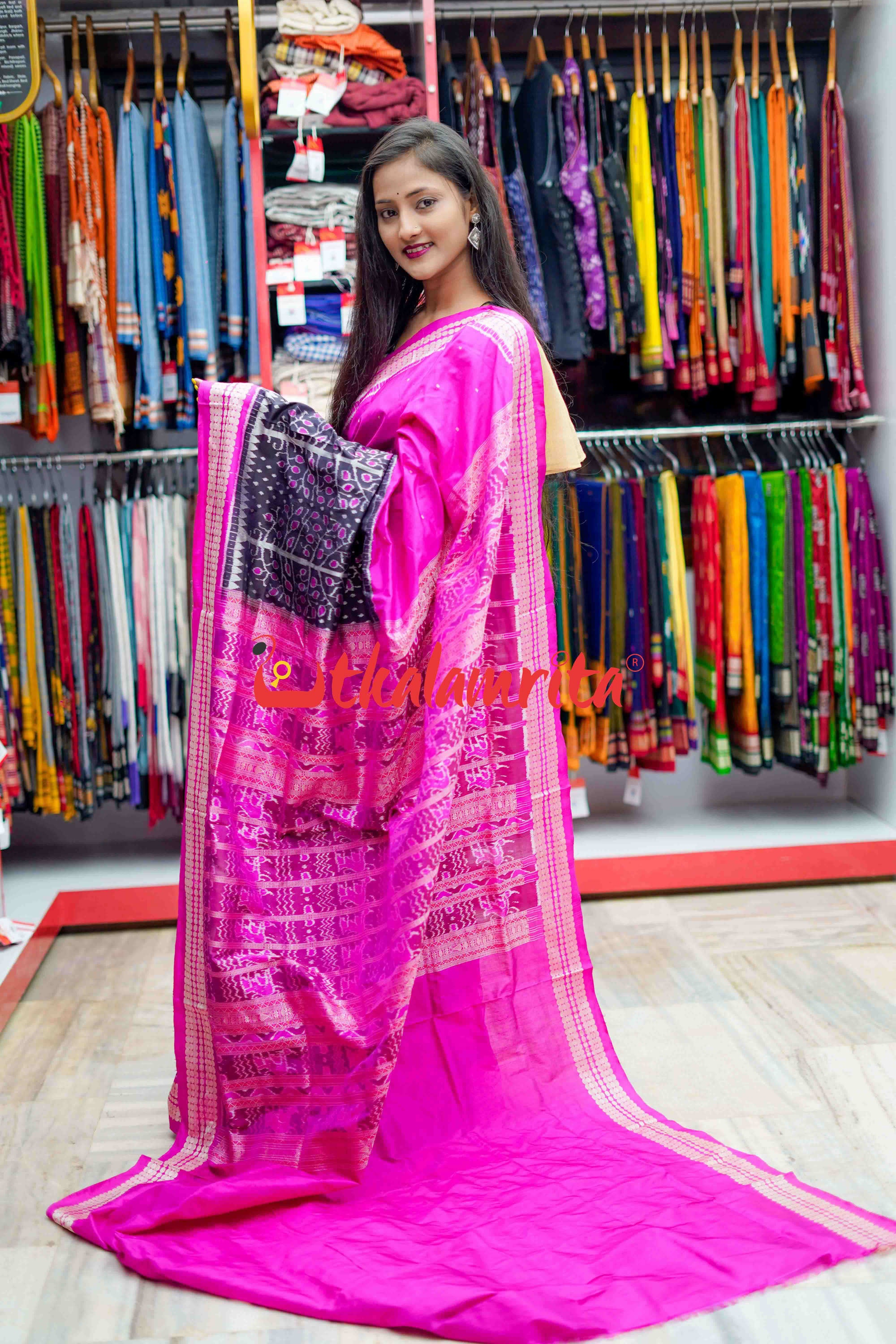 Rani Black Half Tree of Life Sambalpuri Silk Saree