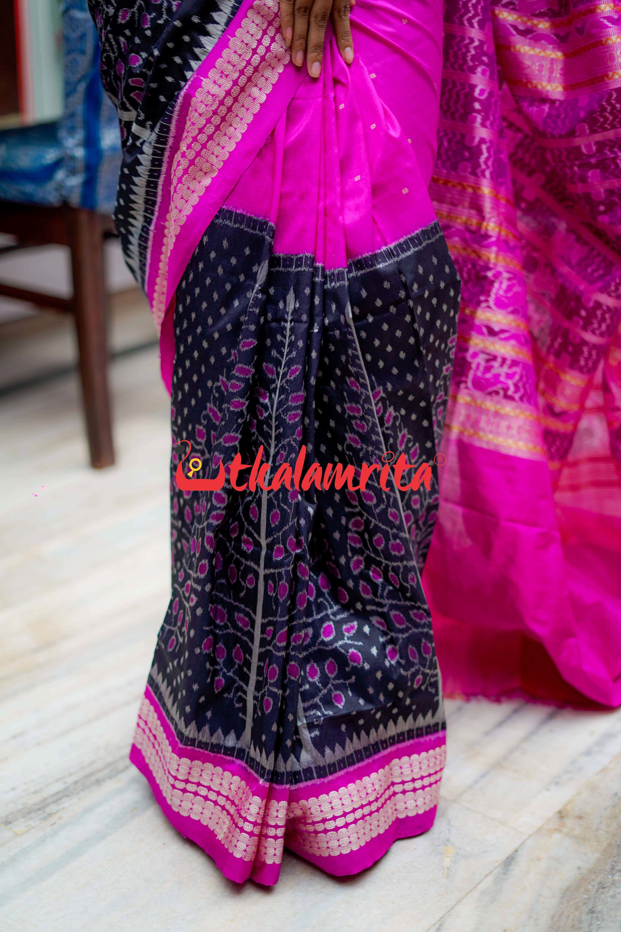 Rani Black Half Tree of Life Sambalpuri Silk Saree