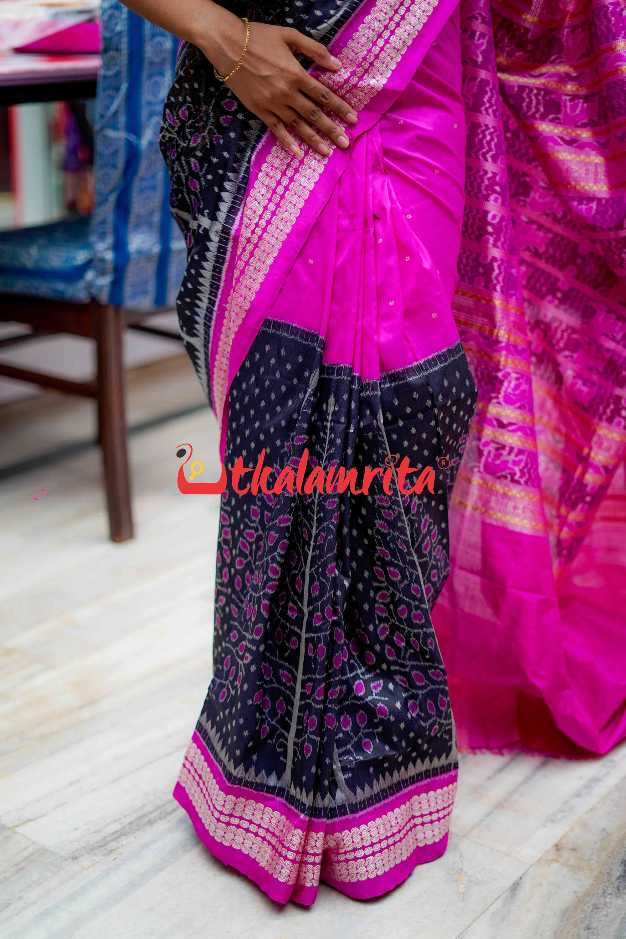 Rani Black Half Tree of Life Sambalpuri Silk Saree
