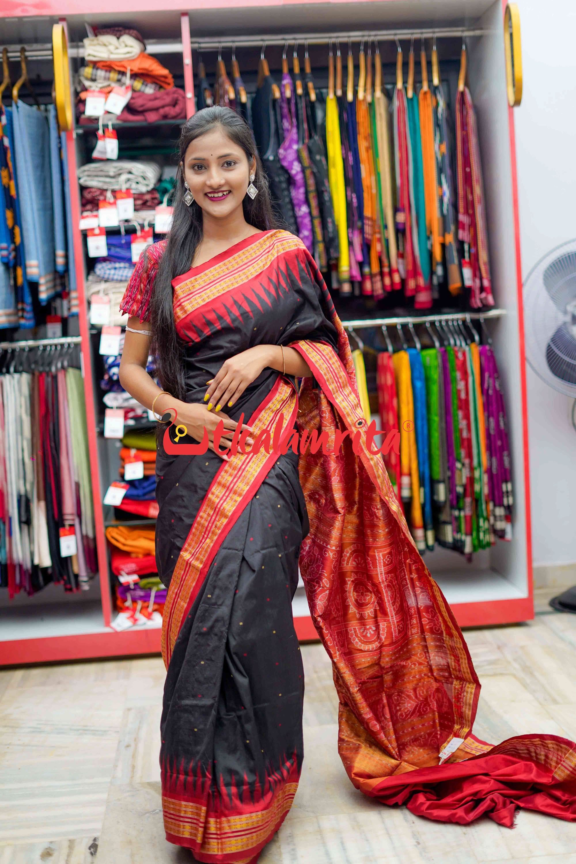 Black Red Half Tissue Bomkai Silk Saree