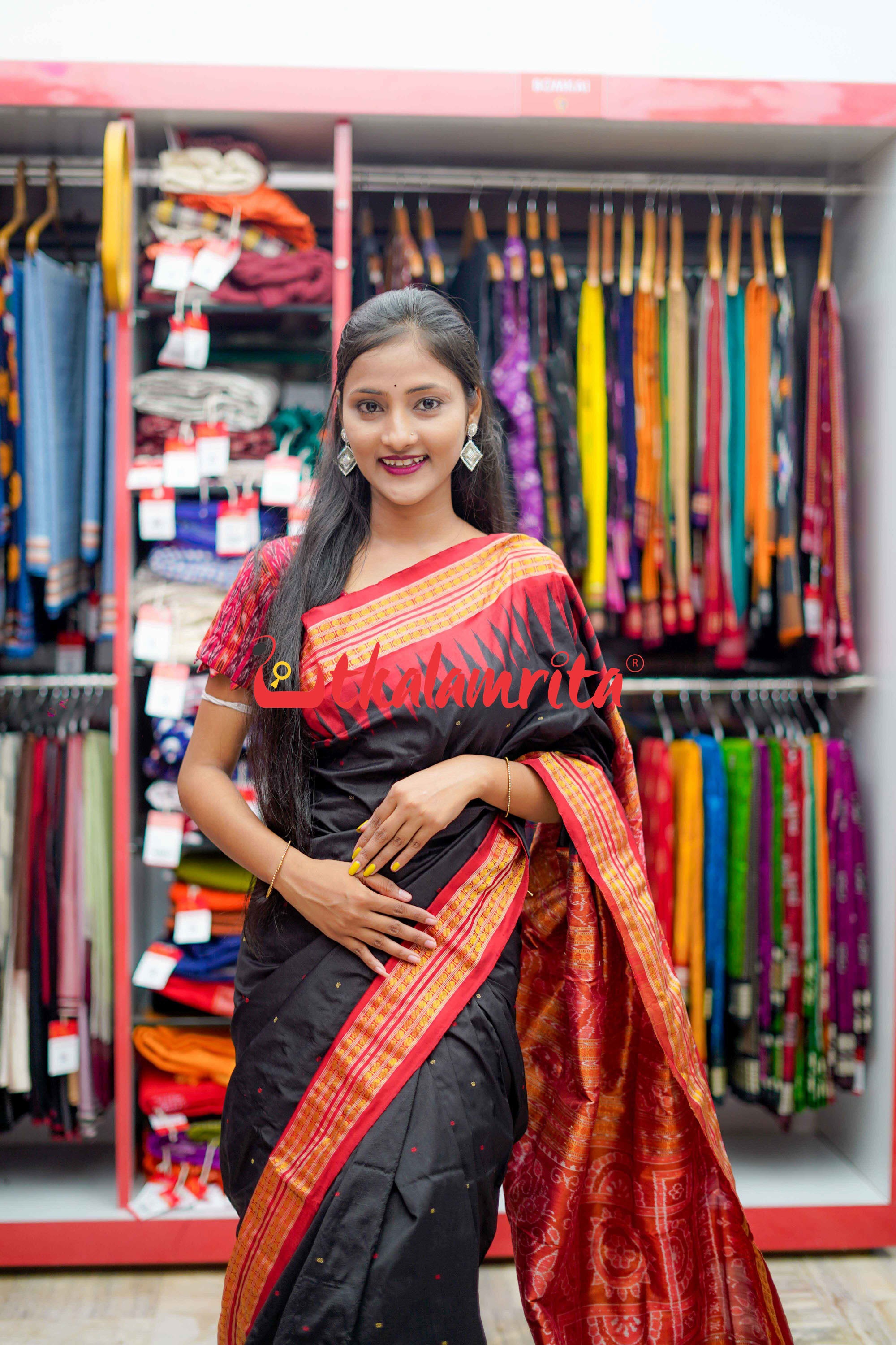 Black Red Half Tissue Bomkai Silk Saree