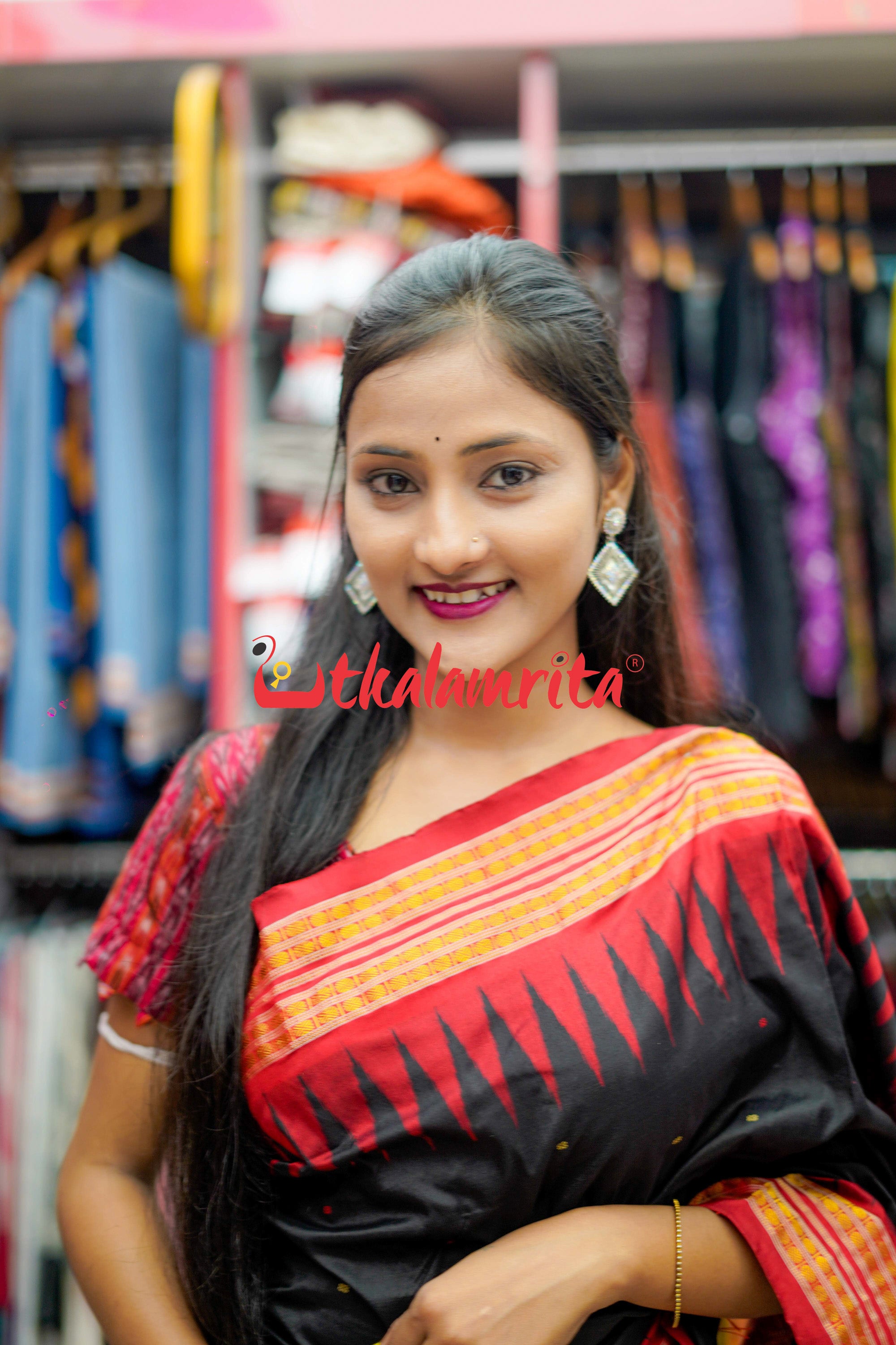 Black Red Half Tissue Bomkai Silk Saree