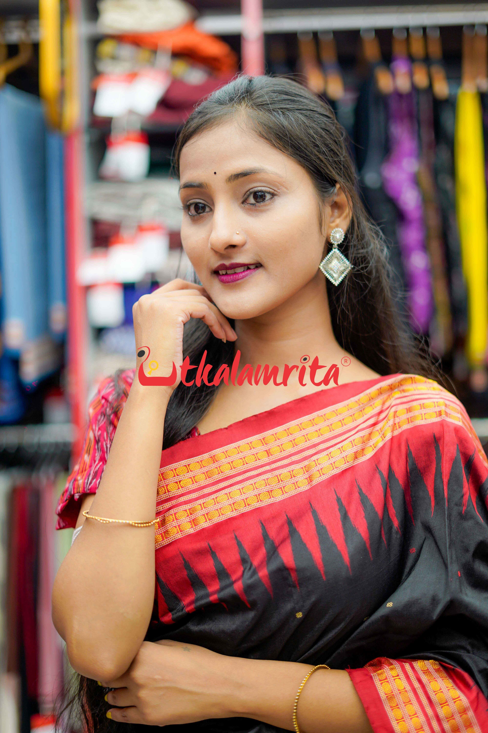 Black Red Half Tissue Bomkai Silk Saree