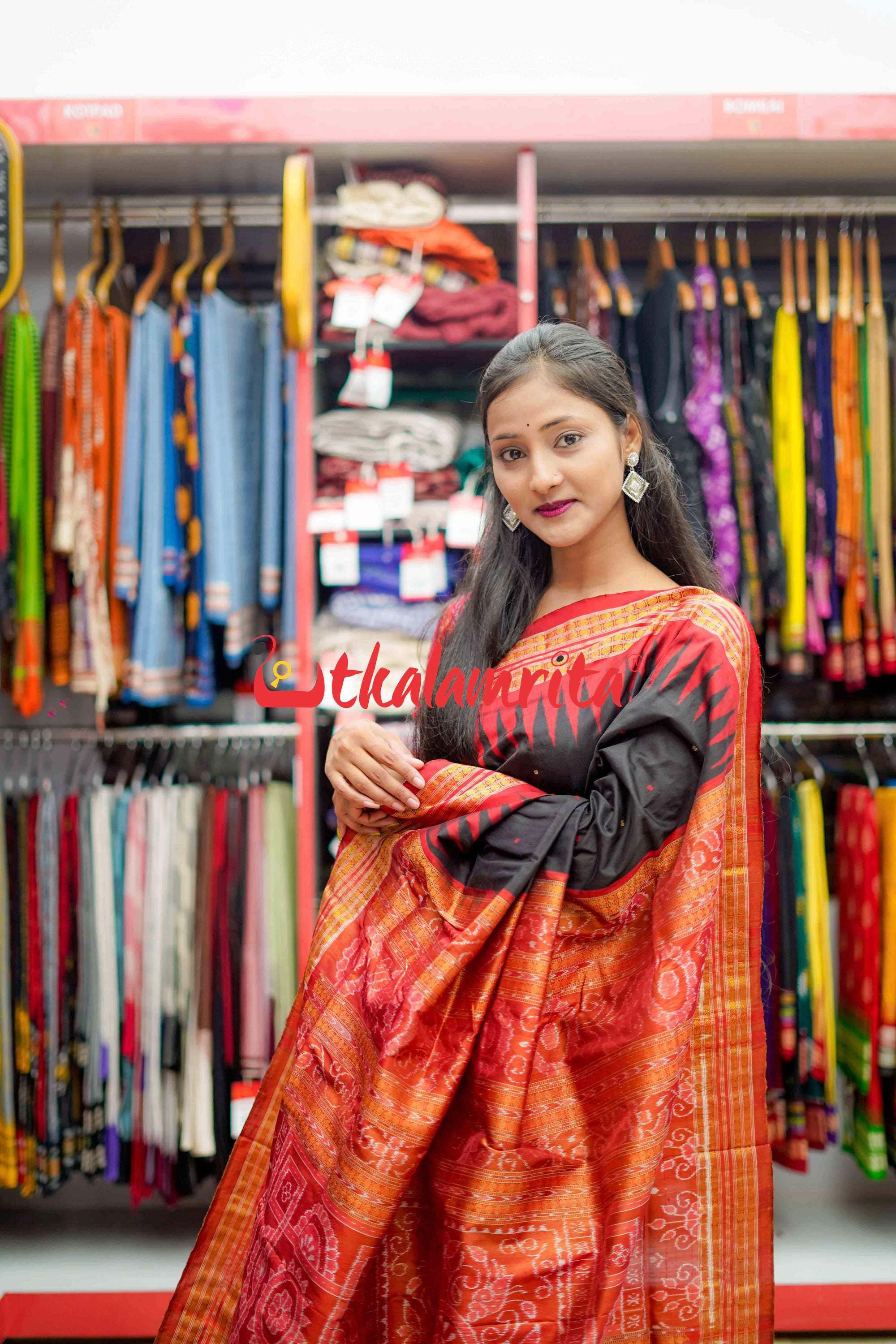 Black Red Half Tissue Bomkai Silk Saree