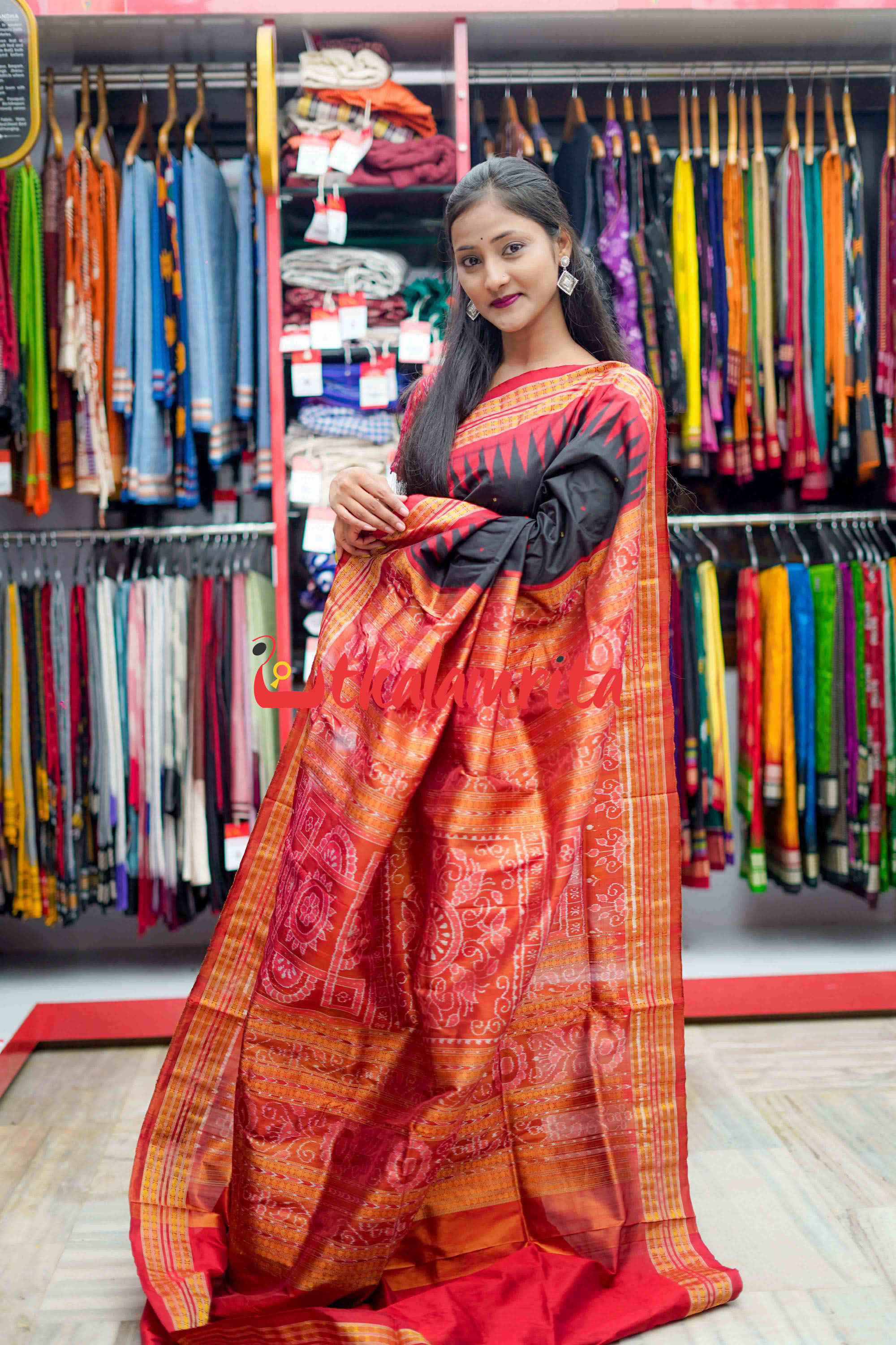 Black Red Half Tissue Bomkai Silk Saree