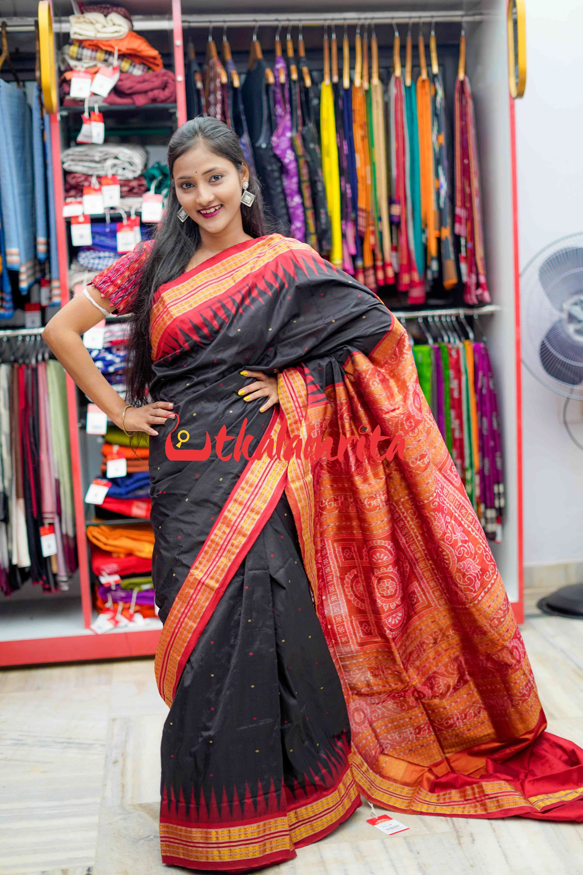Black Red Half Tissue Bomkai Silk Saree