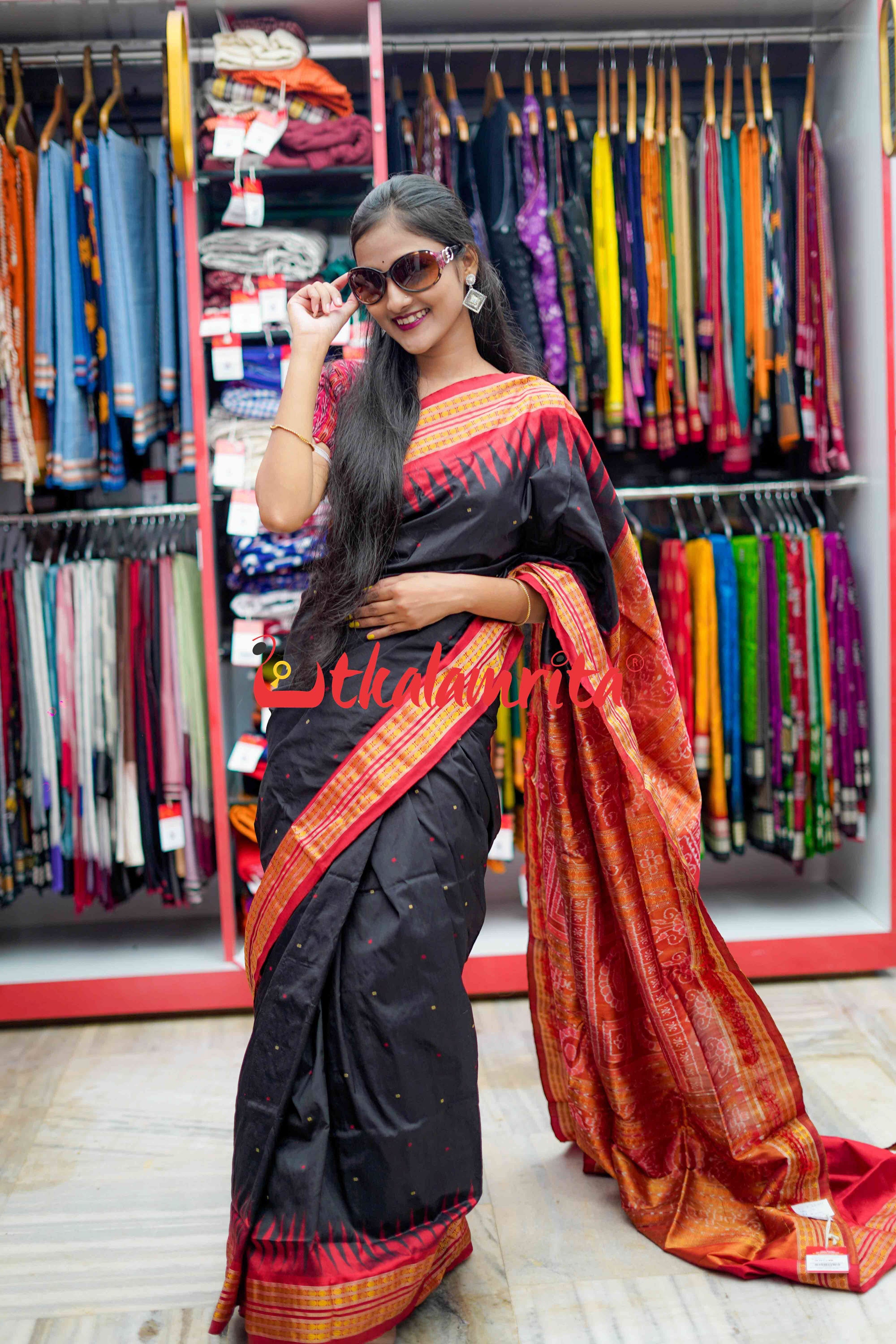 Black Red Half Tissue Bomkai Silk Saree