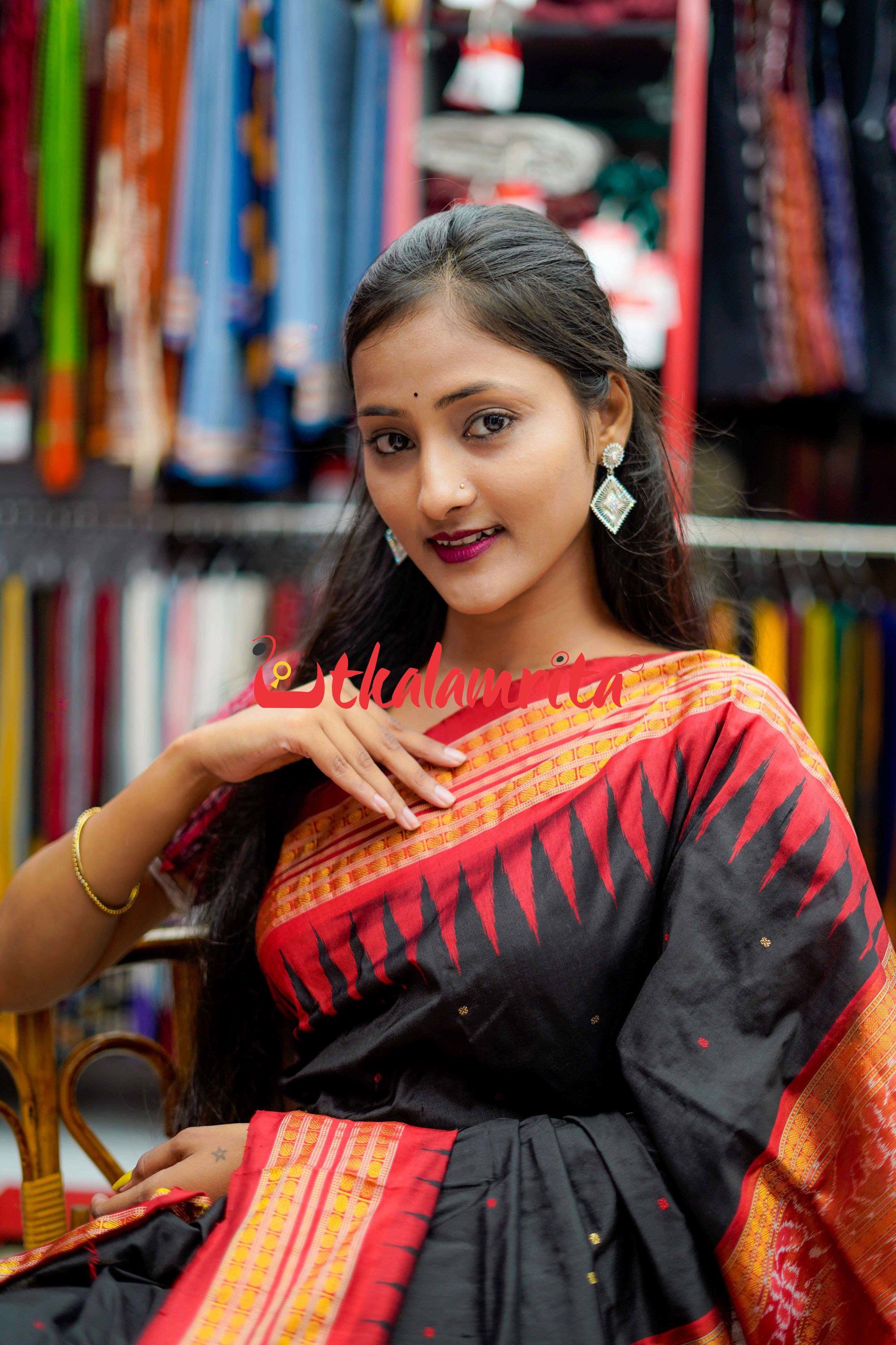 Black Red Half Tissue Bomkai Silk Saree