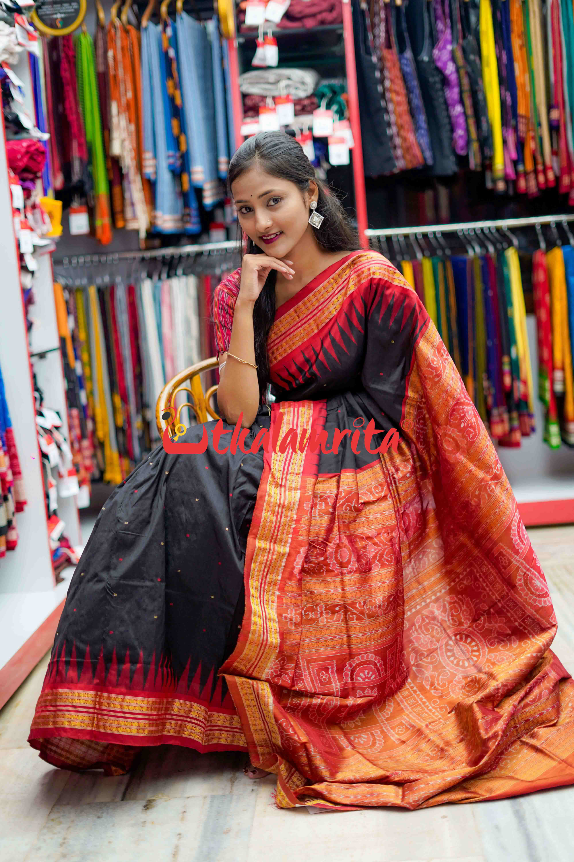 Black Red Half Tissue Bomkai Silk Saree