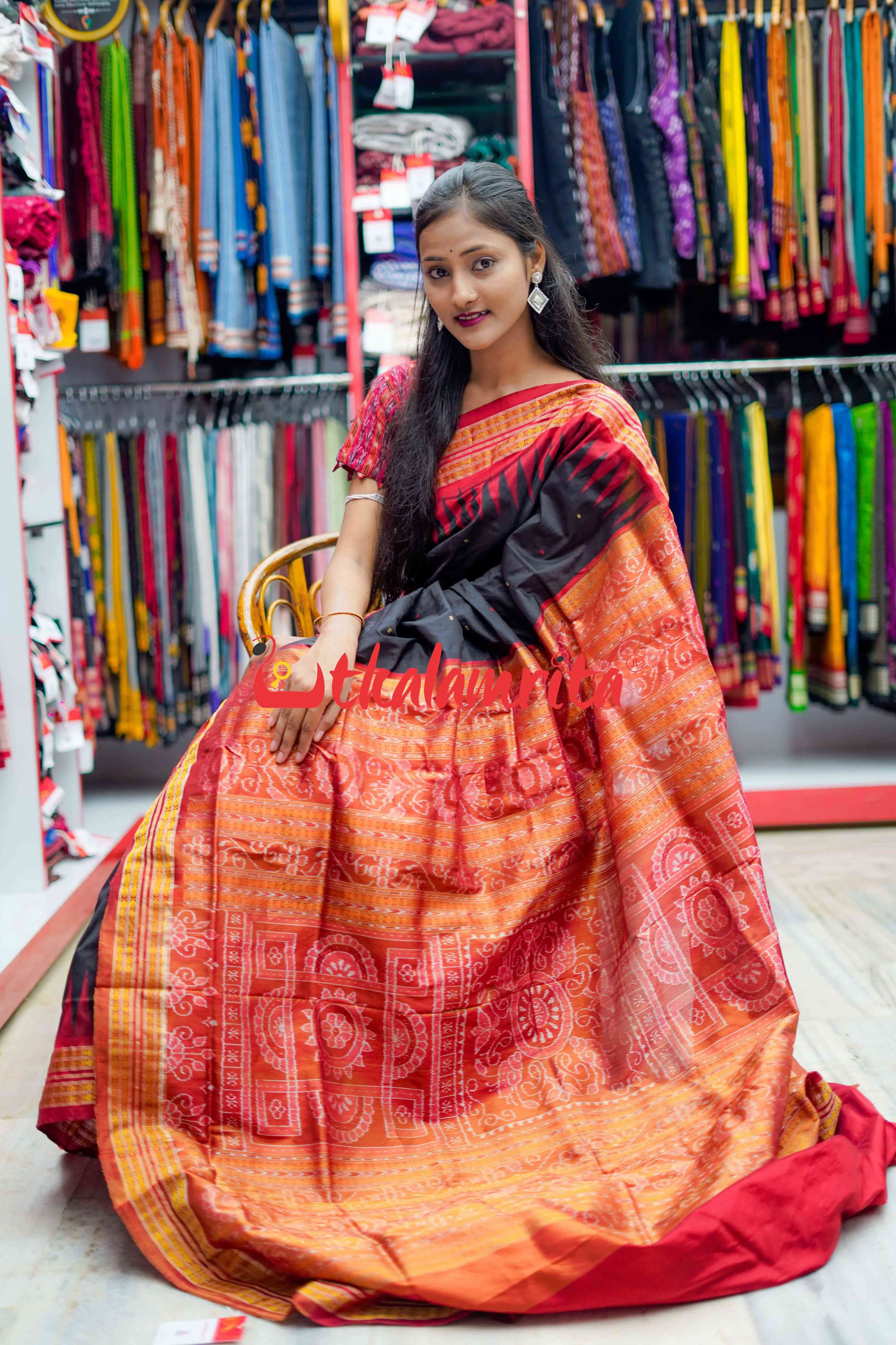 Black Red Half Tissue Bomkai Silk Saree