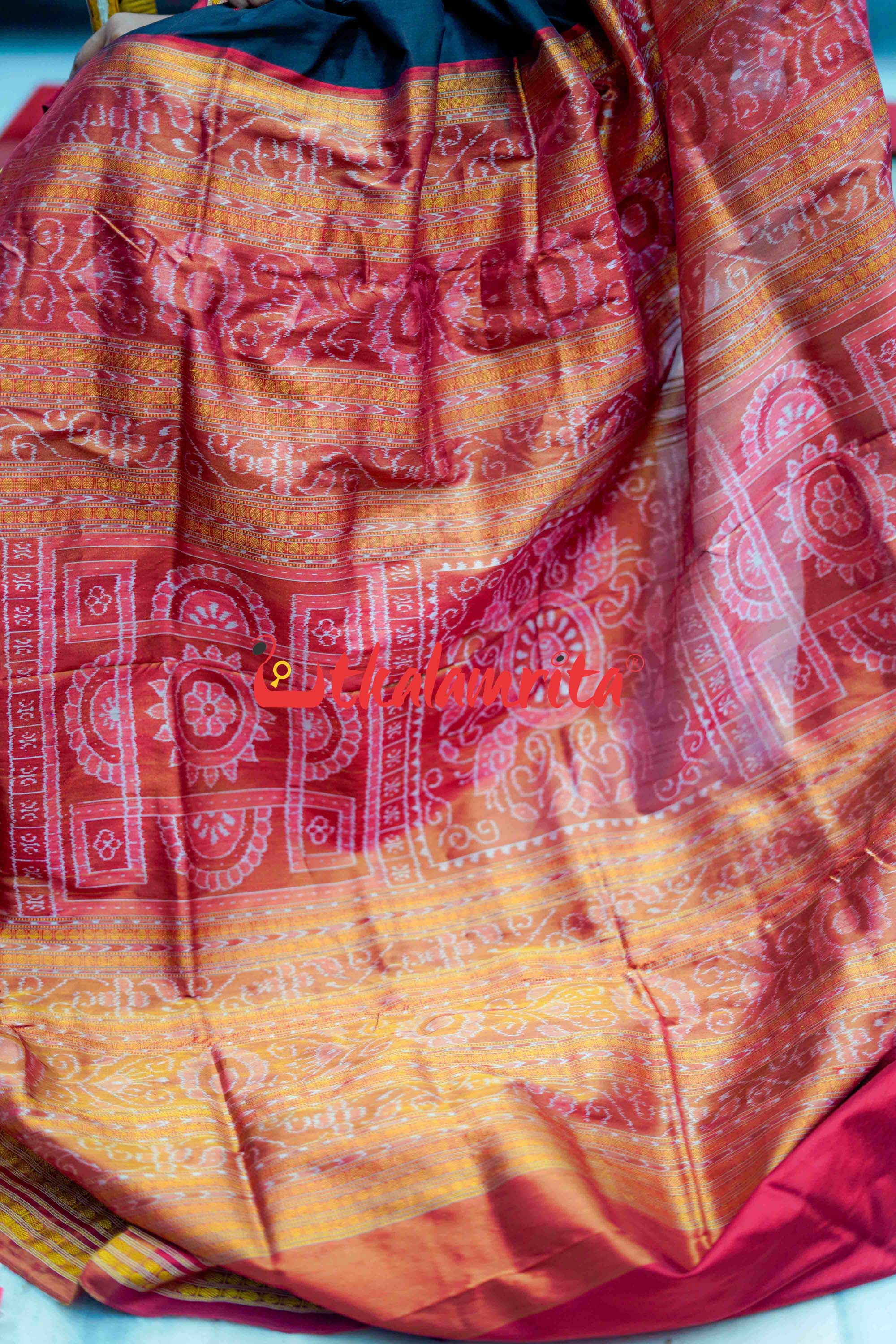 Black Red Half Tissue Bomkai Silk Saree