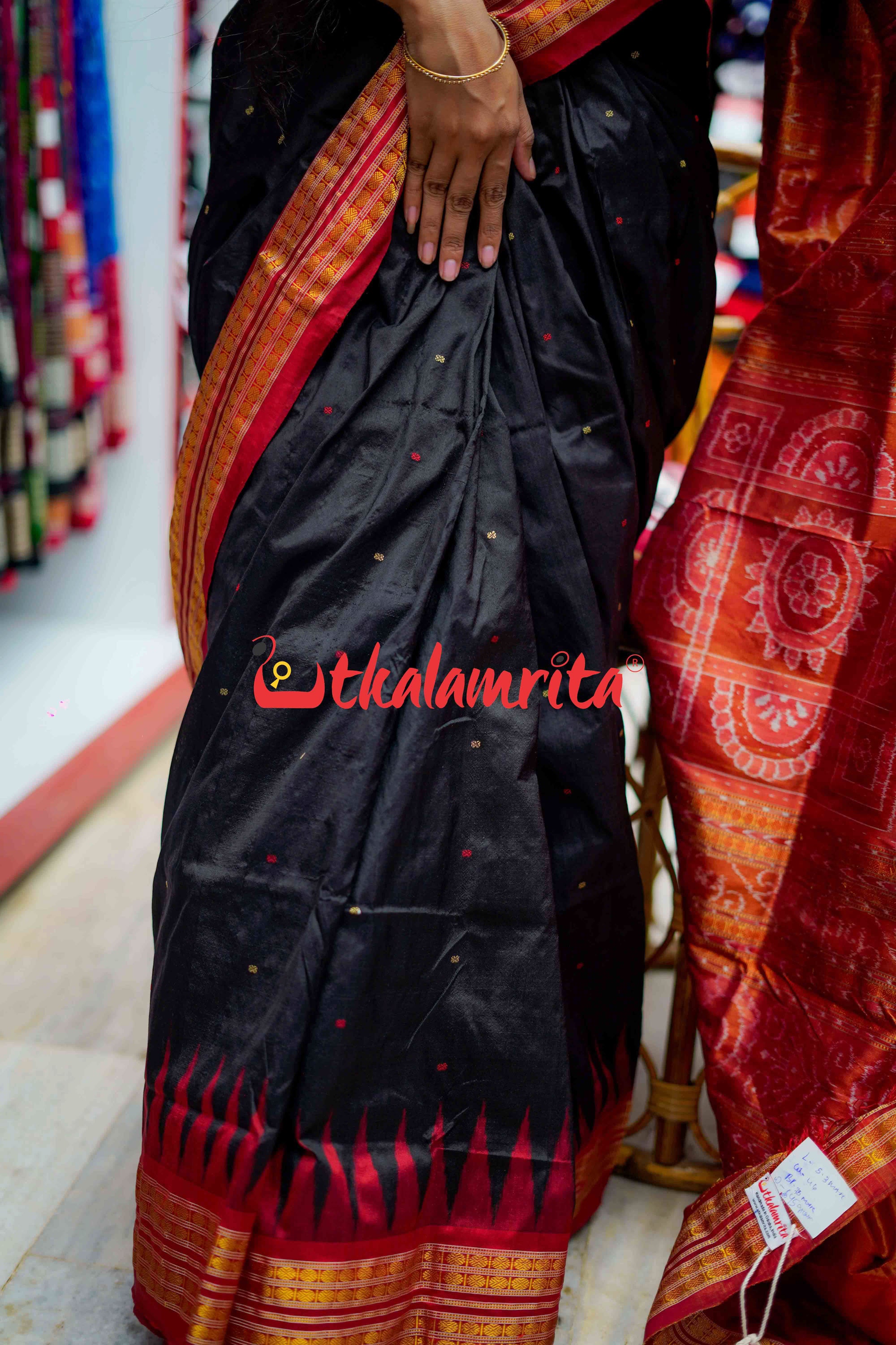 Black Red Half Tissue Bomkai Silk Saree