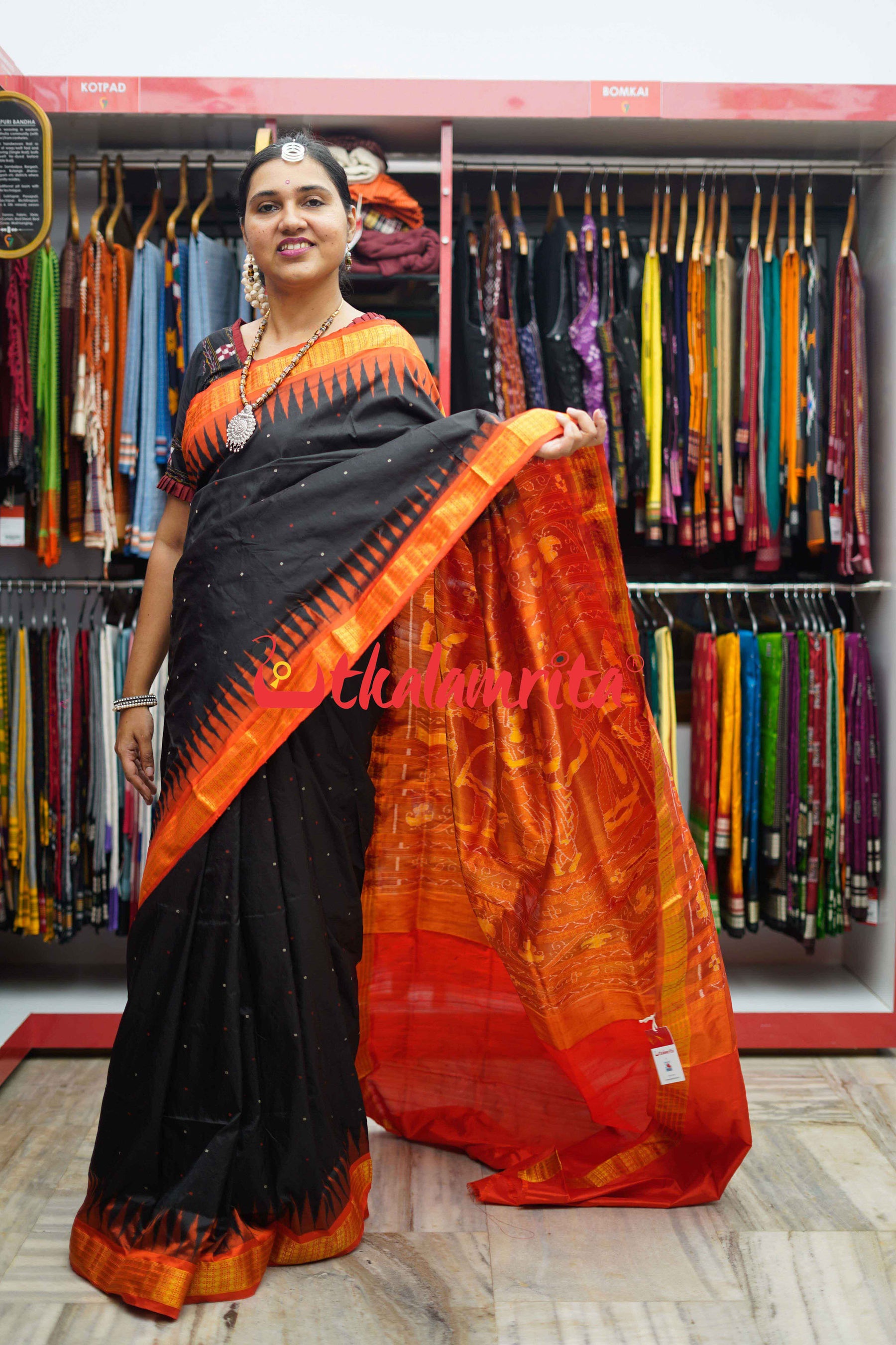 Black Orange Half Tissue Bomkai Silk Saree