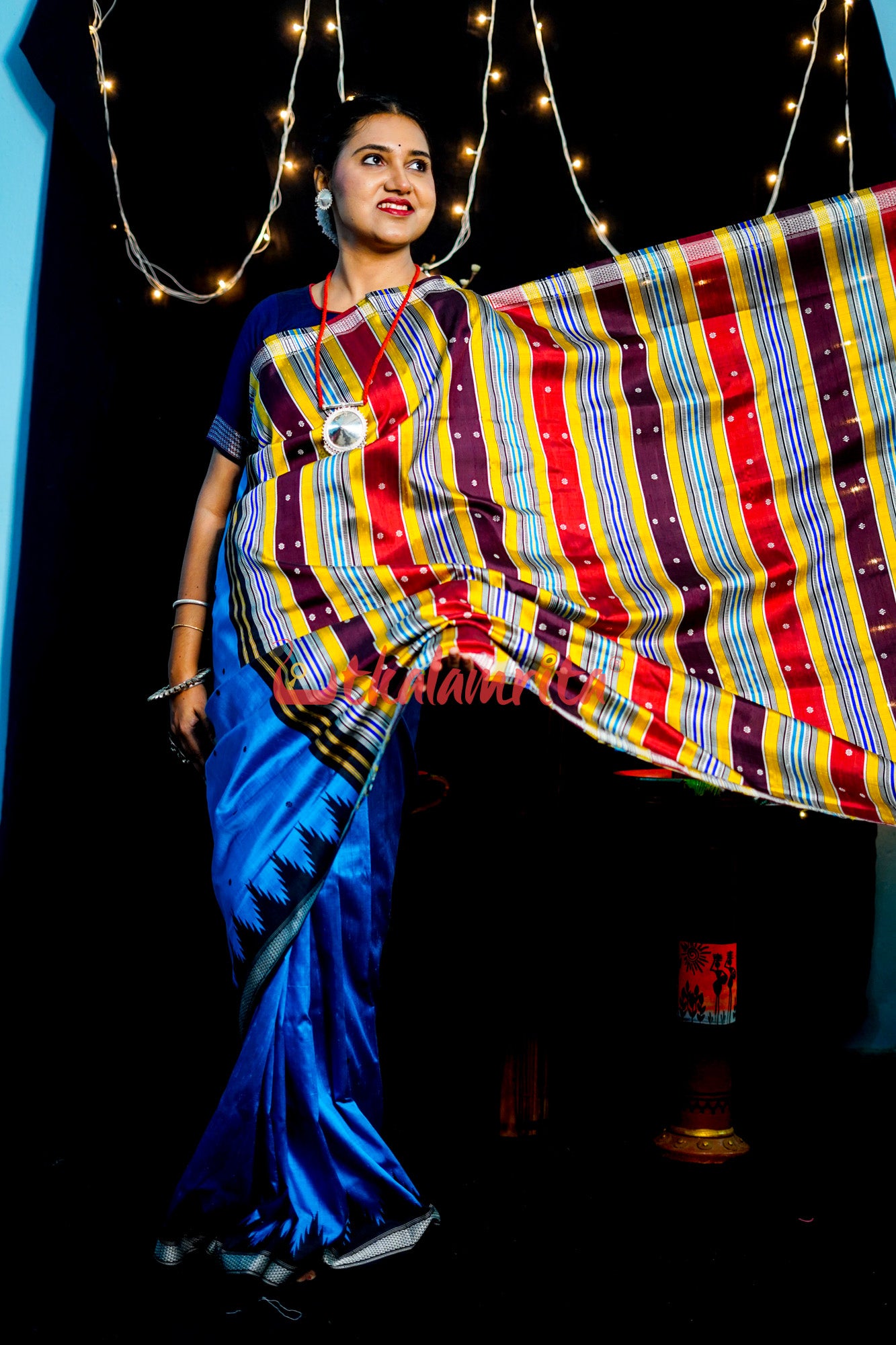 Blue Black Double Anchal Berhampuri Silk
