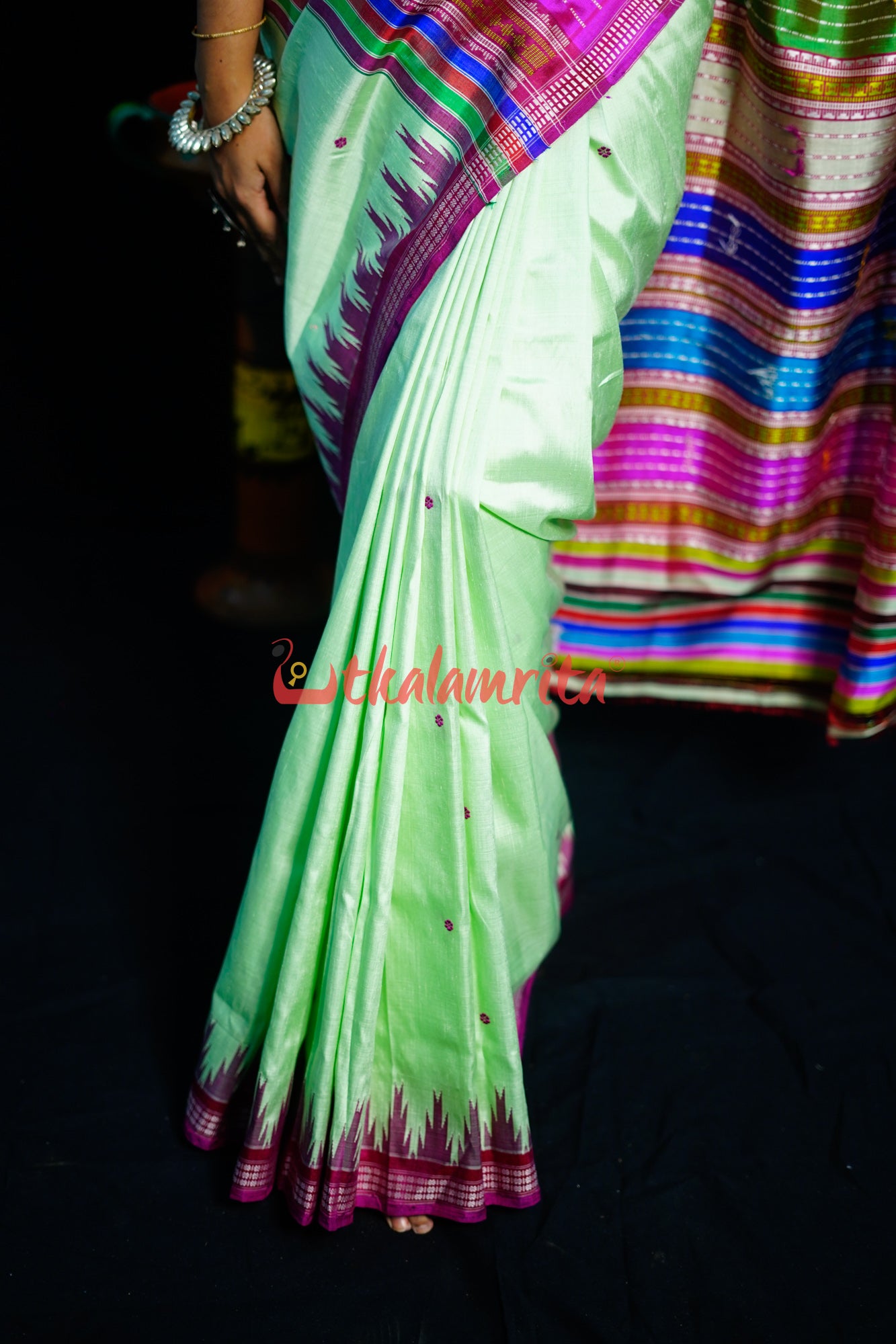 Sea Green Pink Double Anchal Berhampuri Silk