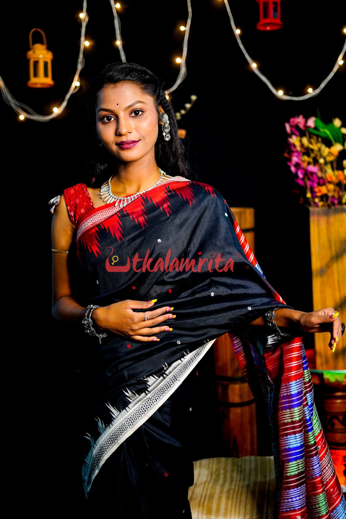 Black Ganga Jamuna Double Anchal Berhampuri Silk Saree