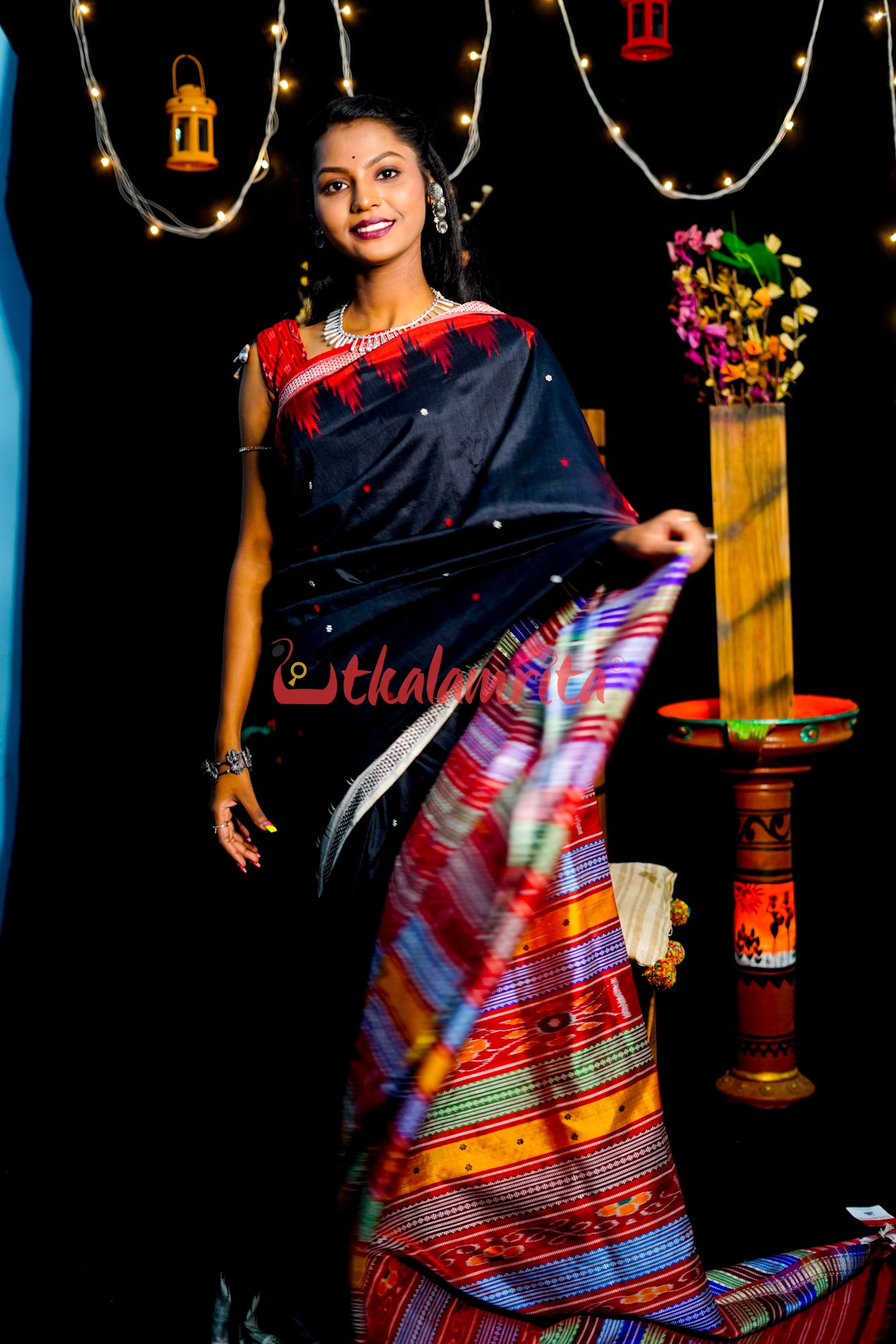Black Ganga Jamuna Double Anchal Berhampuri Silk Saree
