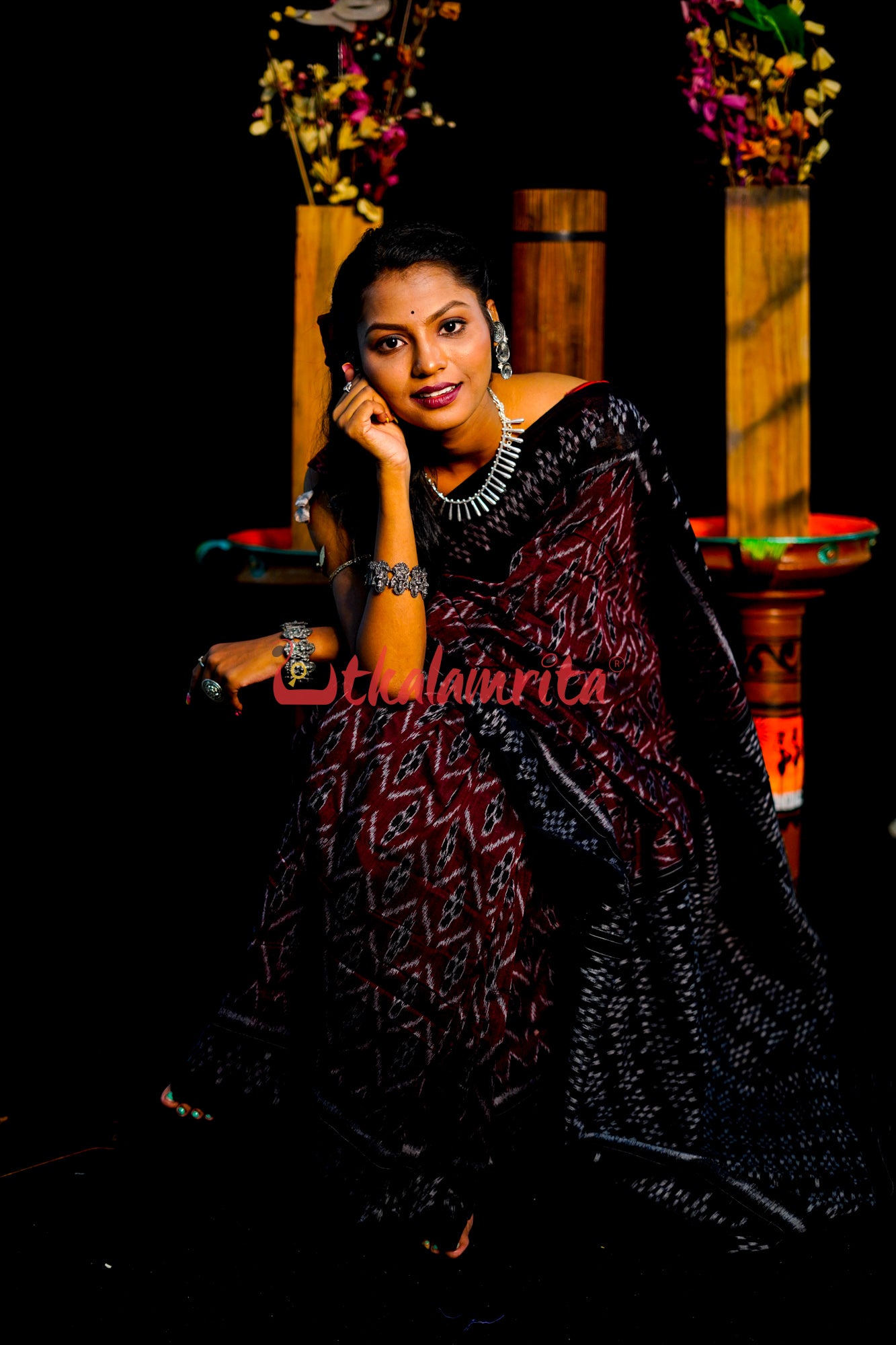 Maroon Diagonal Flower Khandua Cotton Saree