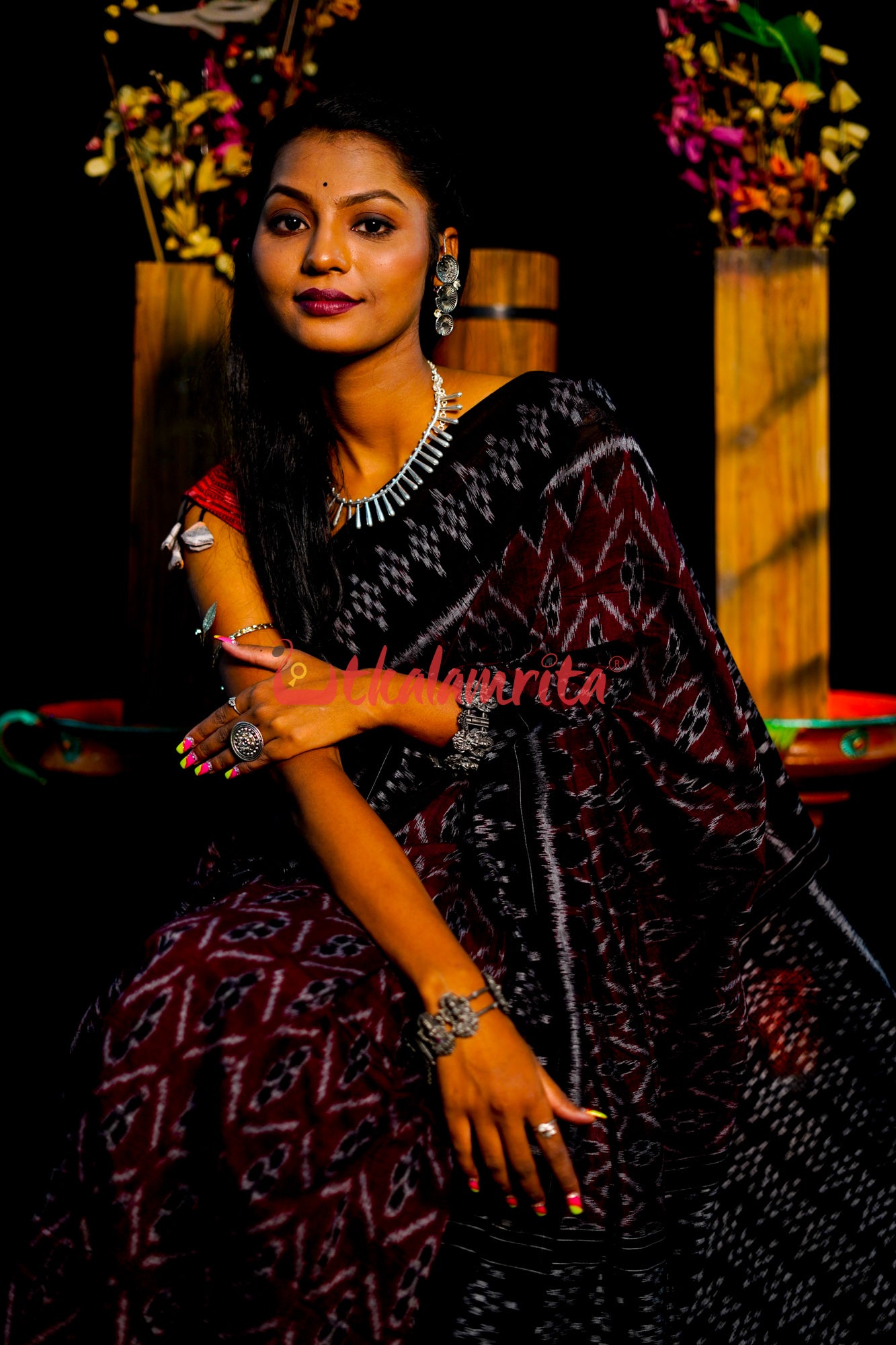 Maroon Diagonal Flower Khandua Cotton Saree