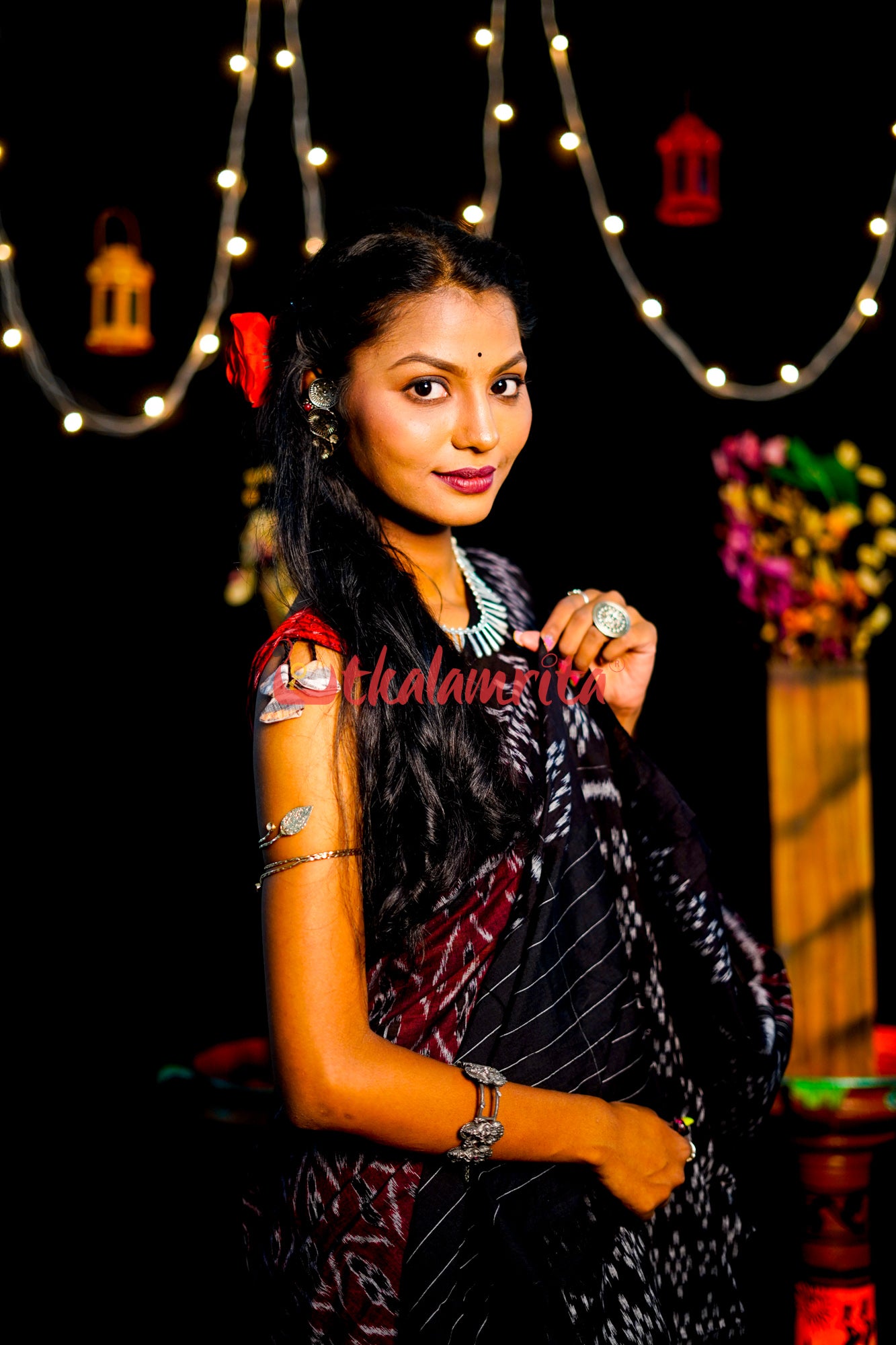 Maroon Diagonal Flower Khandua Cotton Saree