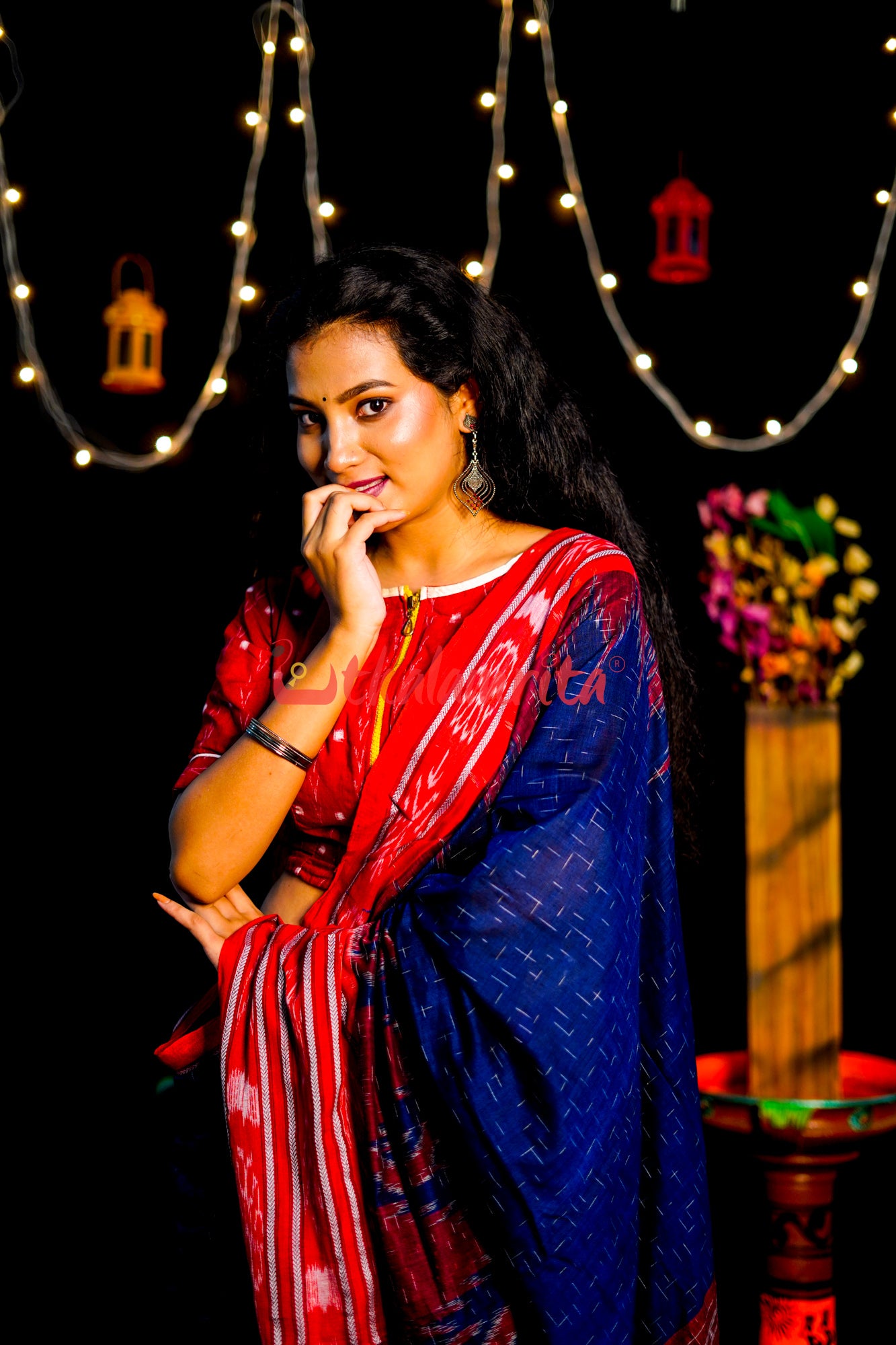 Blue Red Daali Scot Khandua Cotton Saree